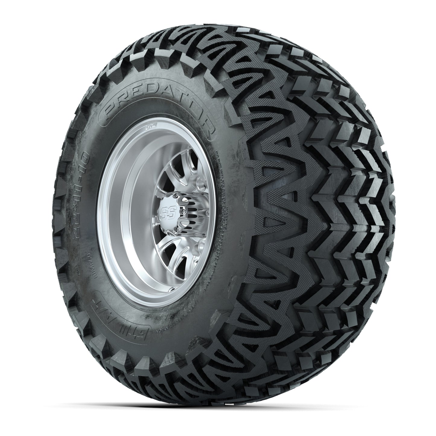 GTW Medusa Silver and Machined Wheels with 22in Predator A-T Tires - 10 Inch