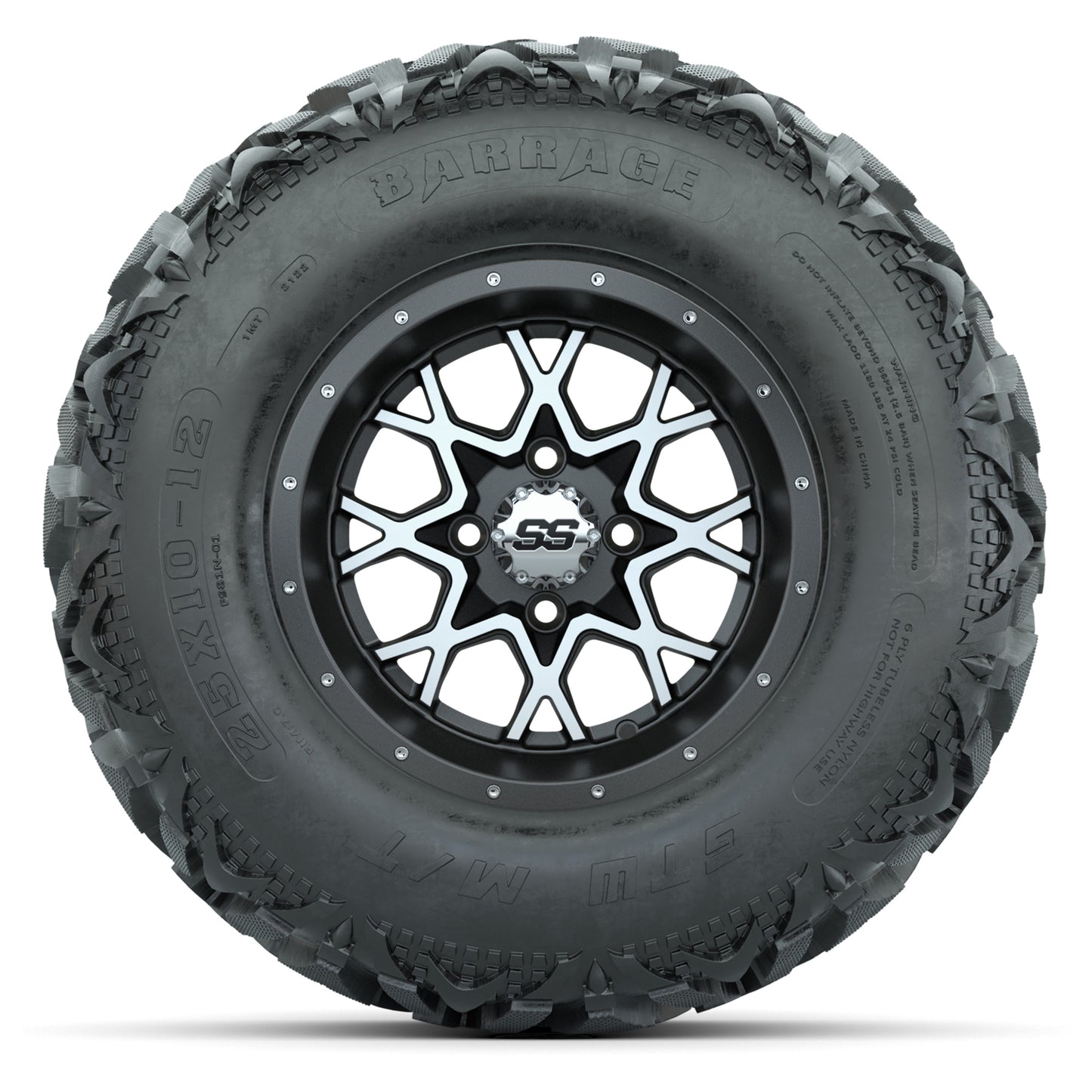 GTW® Vortex 2 Matte Gray/Machined 12 in Wheels with 25X10-12 Barrage Mud Tires – Full Set