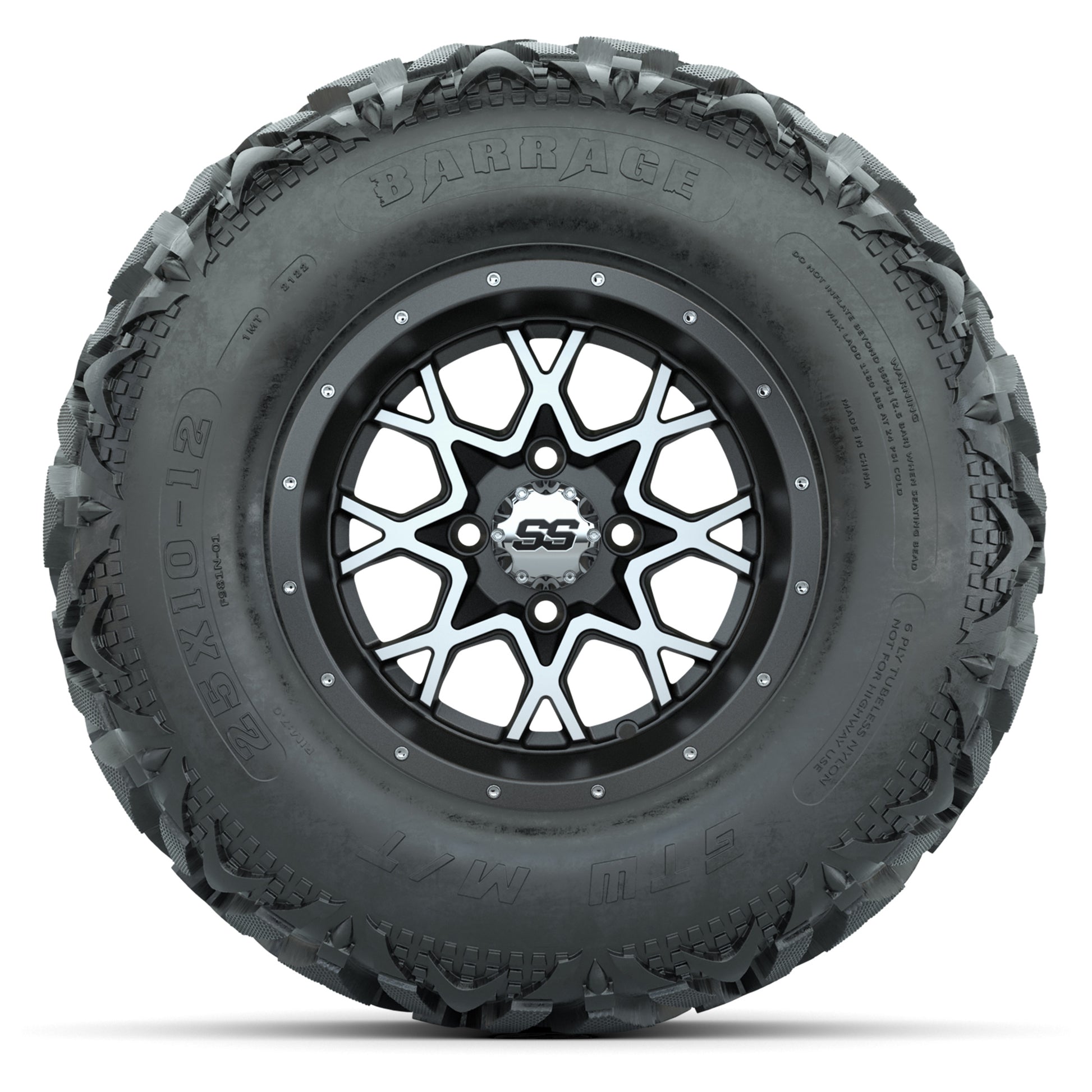 GTW® Vortex 2 Matte Gray/Machined 12 in Wheels with 25X10-12 Barrage Mud Tires – Full Set