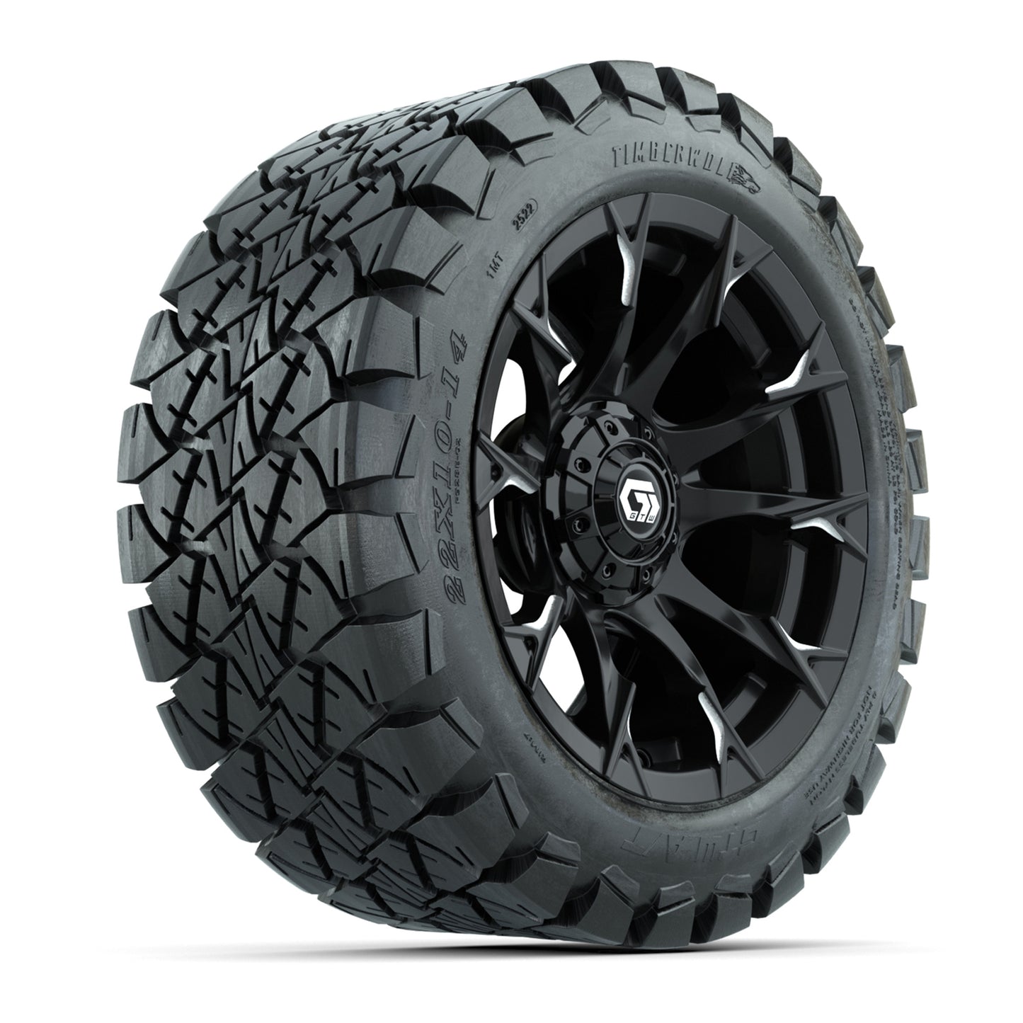 GTW® Diablo Gloss Black/Machined 14 in Wheels with 22x10-14 Timberwolf All-Terrain Tires – Full Set