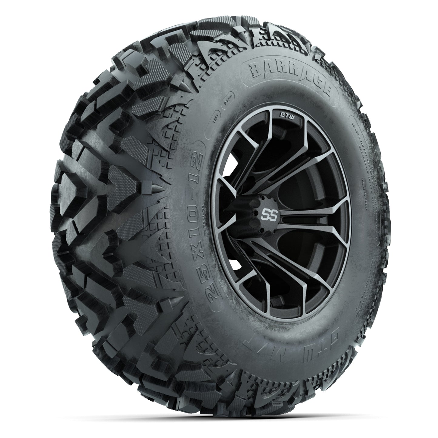 GTW® Spyder Matte Gray/Machined 12 in Wheels with 25X10-12 Barrage Mud Tires – Full Set