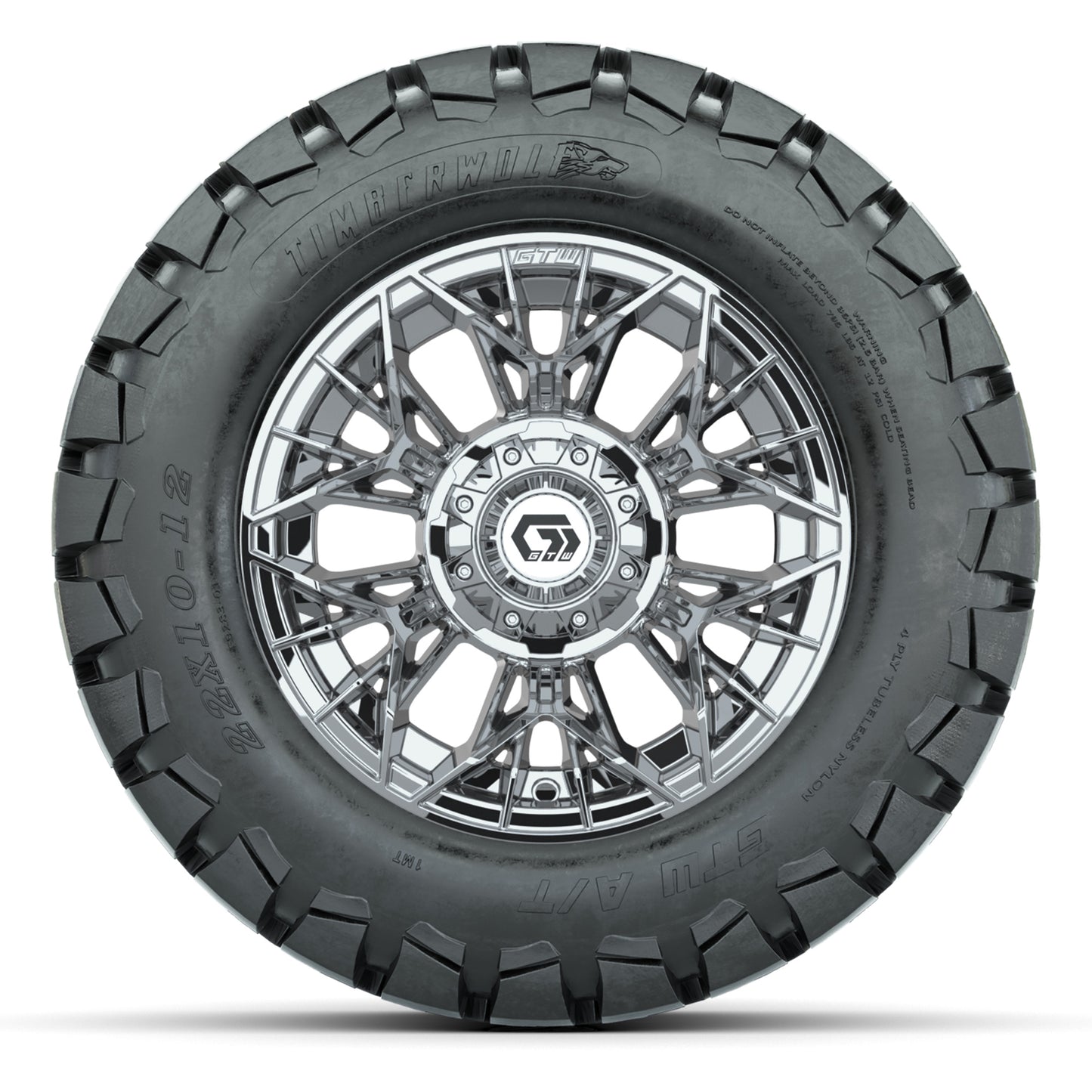 GTW® Stellar Chrome 12 in Wheels with 22X10-12 Timberwolf All-Terrain Tires – Full Set