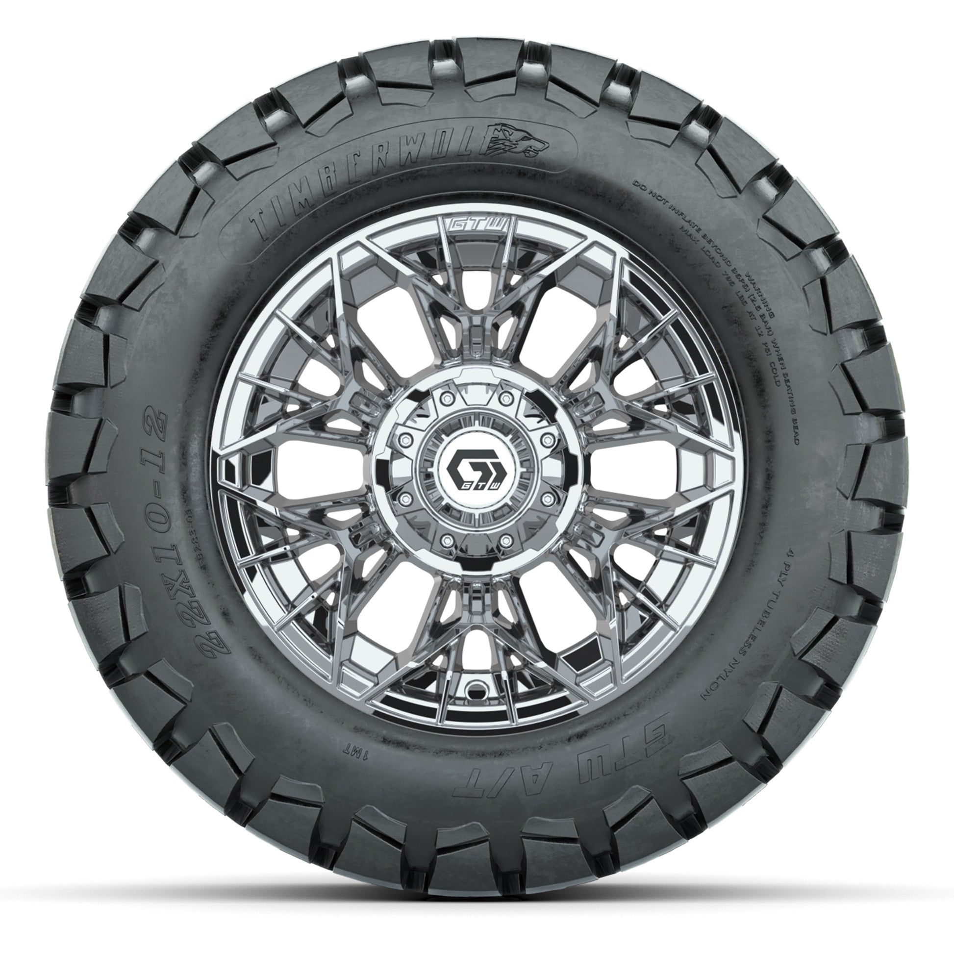 GTW® Stellar Chrome 12 in Wheels with 22X10-12 Timberwolf All-Terrain Tires – Full Set