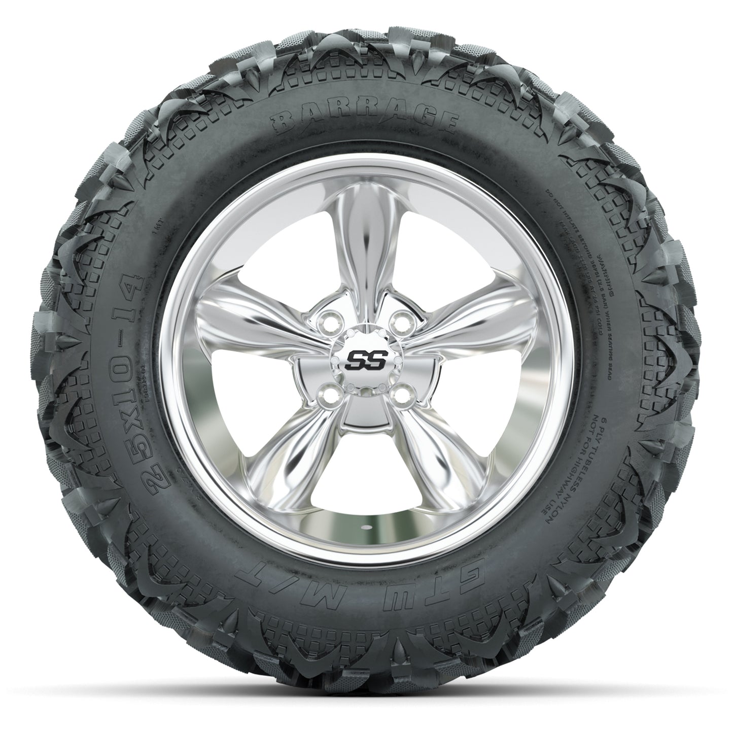 GTW Godfather Chrome 14 in Wheels with 25x10-14 Barrage Mud Tires – Full Set