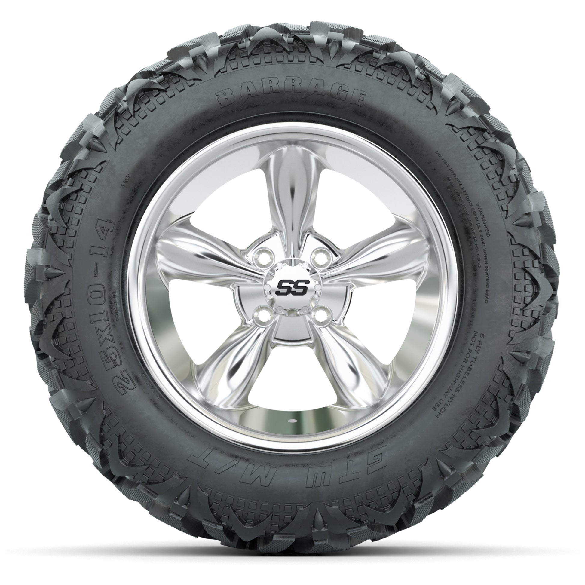 GTW Godfather Chrome 14 in Wheels with 25x10-14 Barrage Mud Tires – Full Set