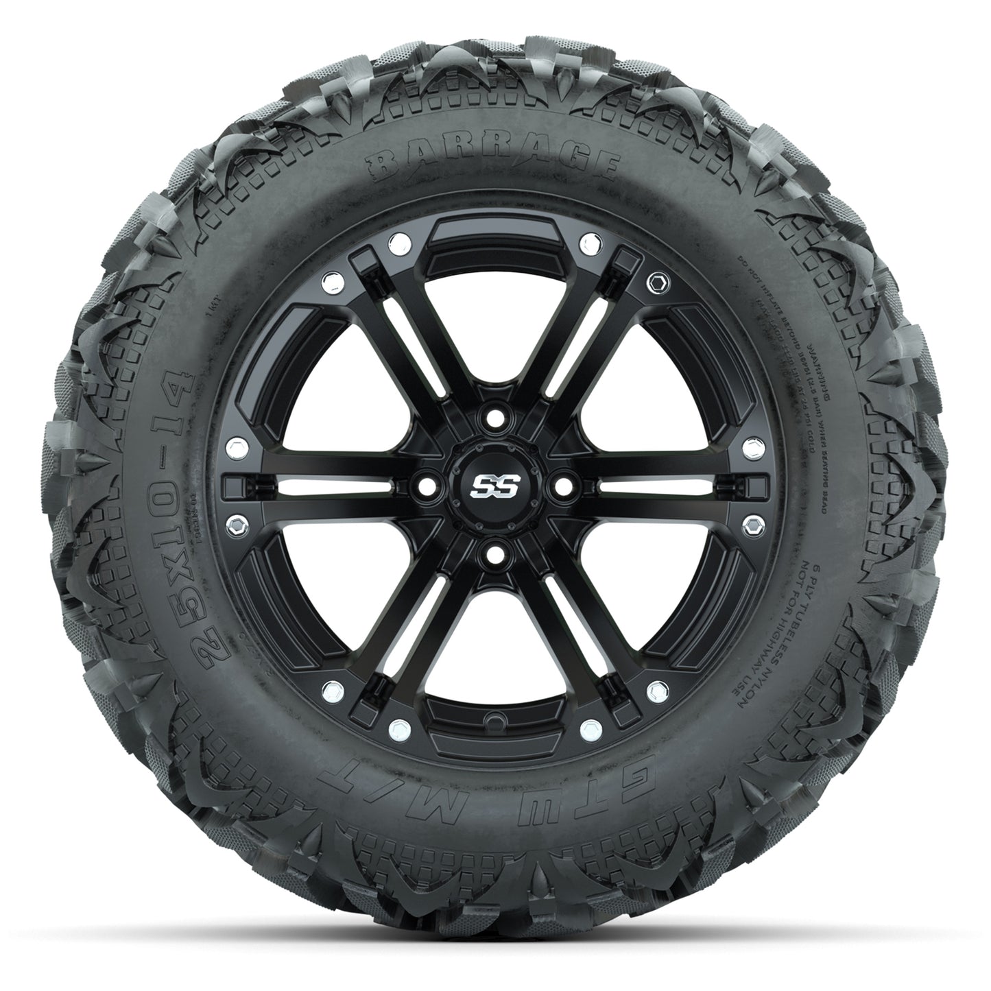 GTW Specter Matte Black 14 in Wheels with 25x10-14 Barrage Mud Tires – Full Set