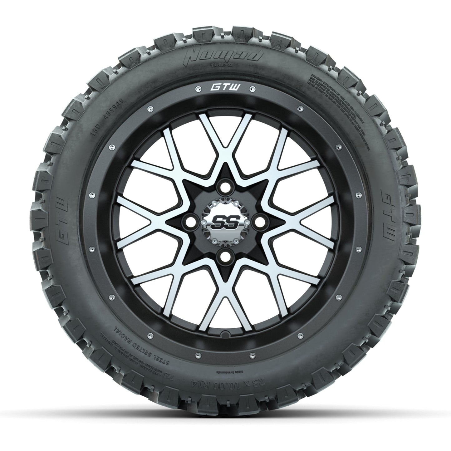 GTW® Vortex 2 Matte Gray//Machined 14 in Wheels with 23X10-R14 Nomad Steel Belt Radial All-Terrain Tires – Full Set