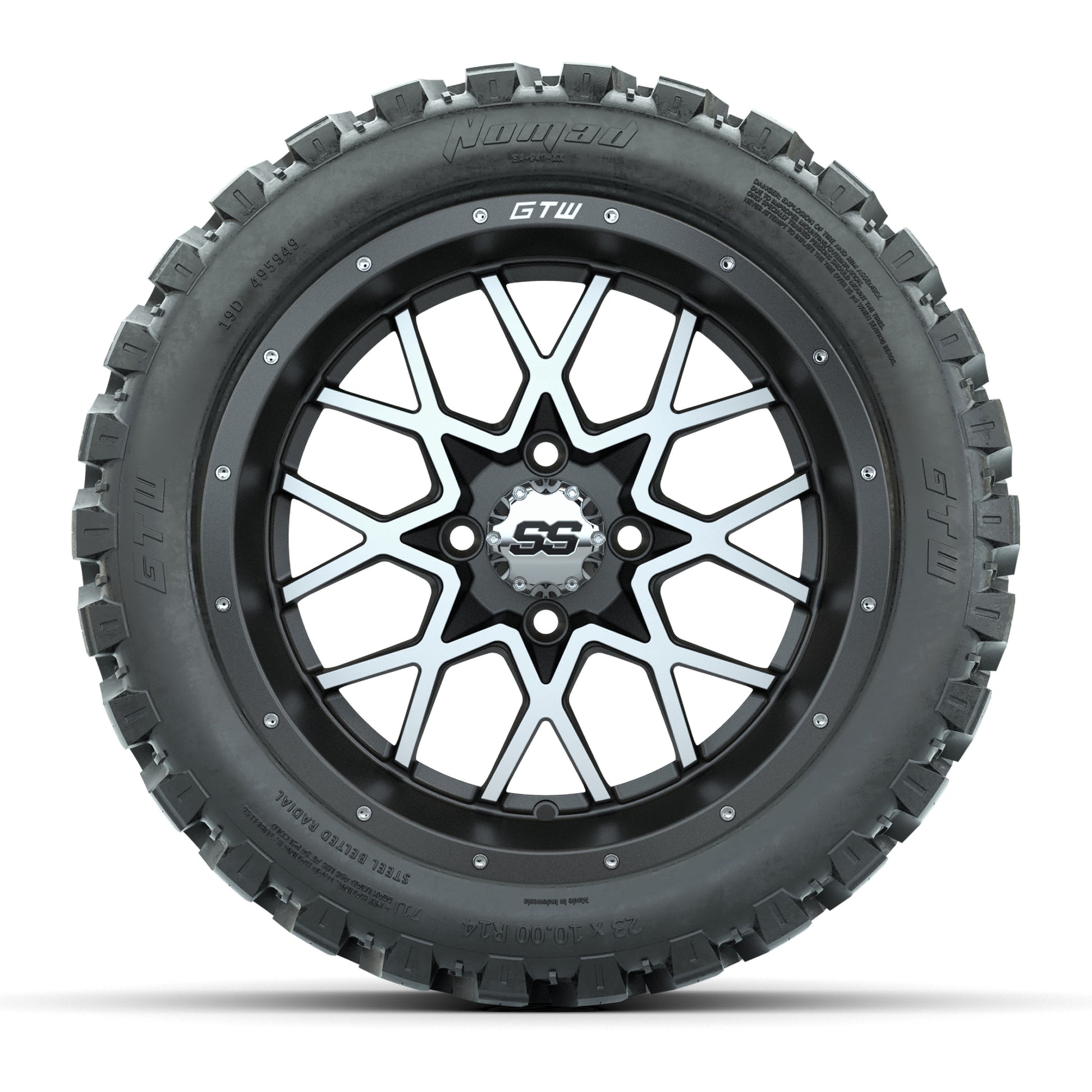 GTW® Vortex 2 Matte Gray//Machined 14 in Wheels with 23X10-R14 Nomad Steel Belt Radial All-Terrain Tires – Full Set