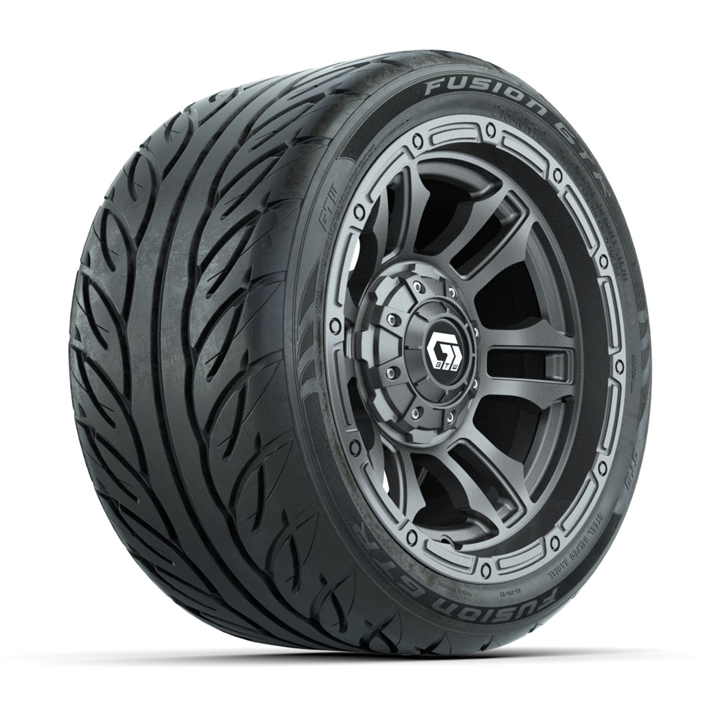 GTW® Shogun Gunmetal 12 in Wheels with 215/40-R12 Fusion GTR Steel Belt Radial Street Tires – Full Set