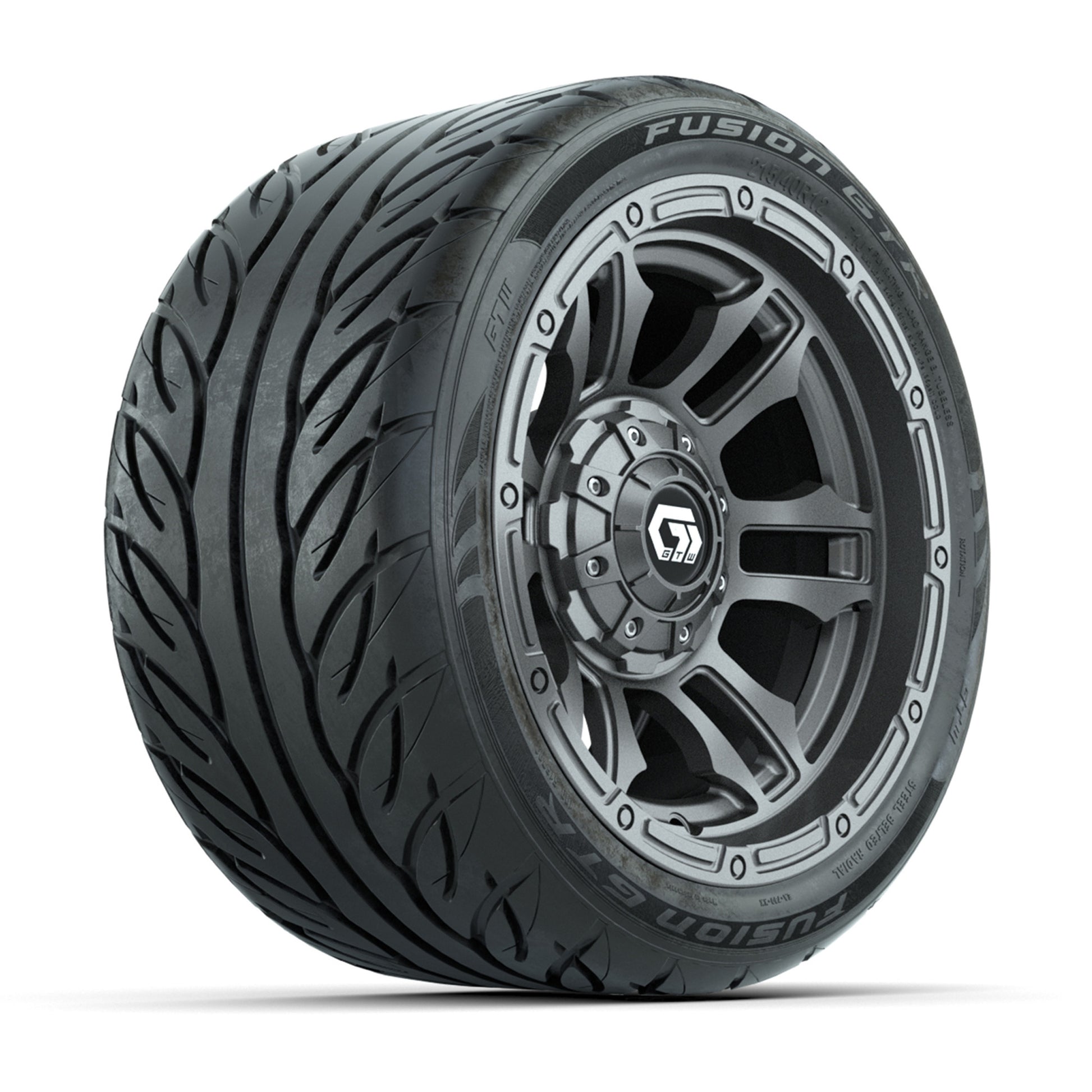 GTW® Shogun Gunmetal 12 in Wheels with 215/40-R12 Fusion GTR Steel Belt Radial Street Tires – Full Set