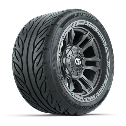 GTW® Shogun Gunmetal 12 in Wheels with 215/40-R12 Fusion GTR Steel Belt Radial Street Tires – Full Set
