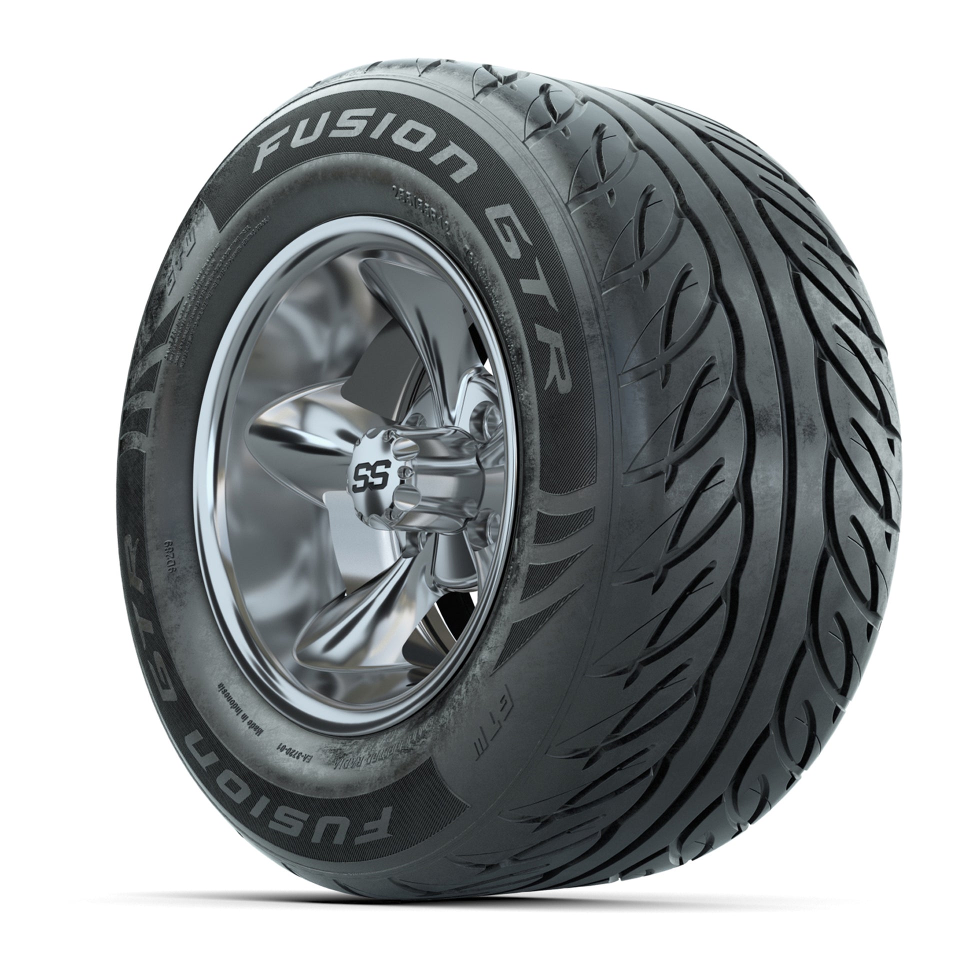 GTW® Godfather Chrome 12 in Wheels with 255/55-R12 Fusion GTR Steel Belt Radial Street Tires – Full Set