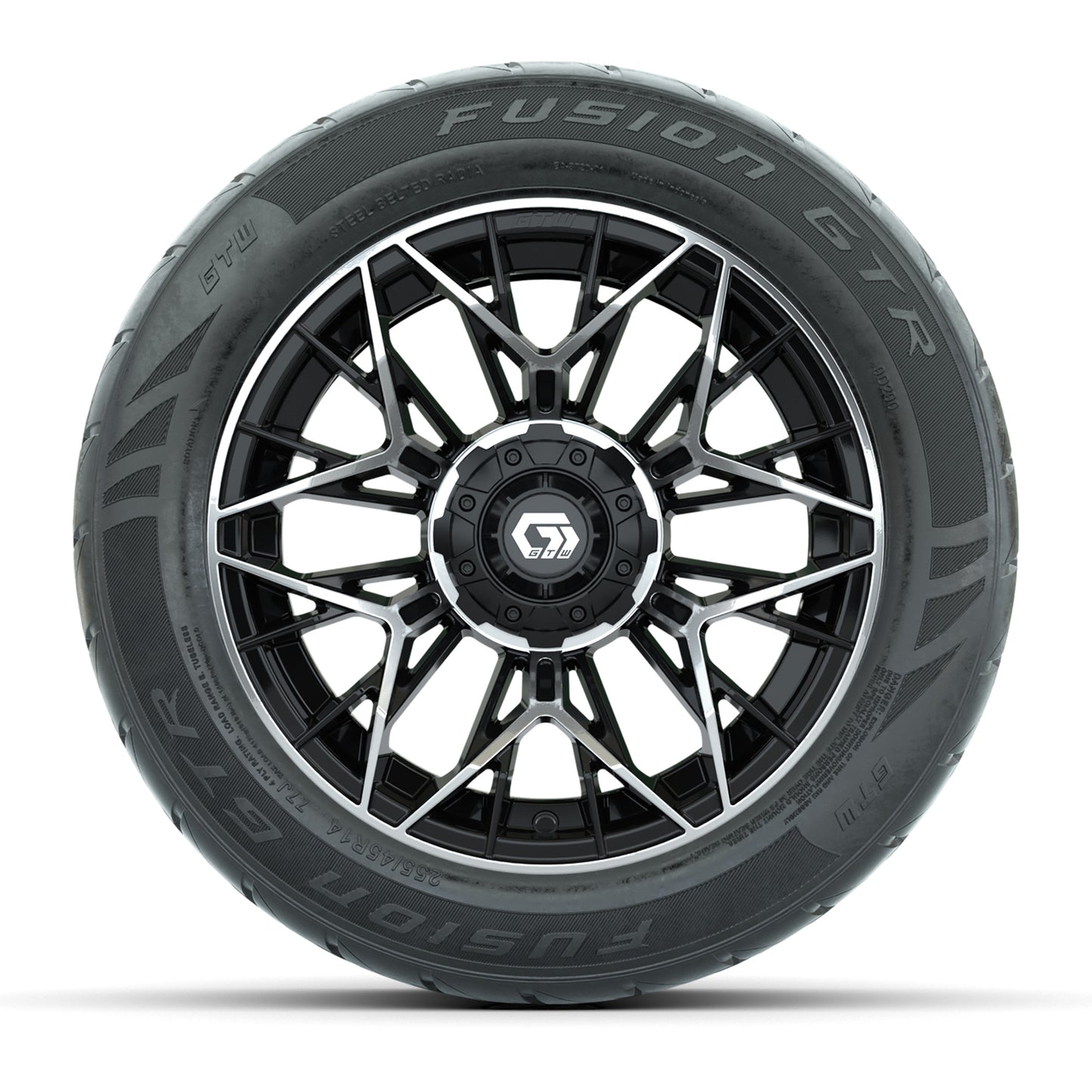 GTW® Stellar Black/Machined 14 in Wheels with 255/45-R14 Fusion GTR Steel Belt Radial Street Tires – Full Set