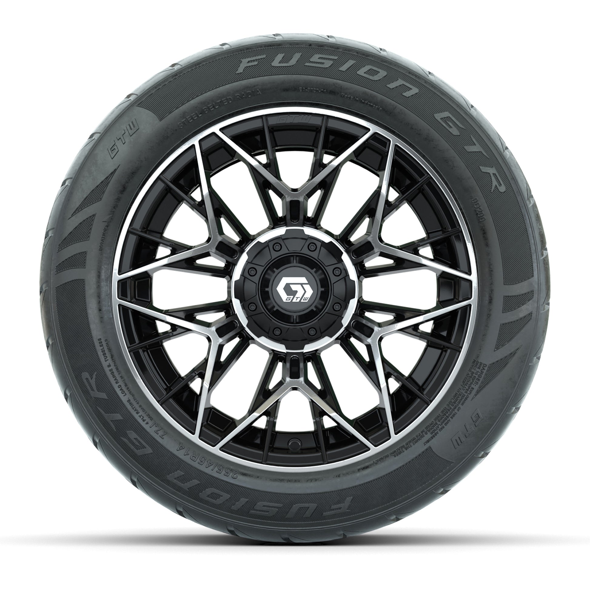 GTW® Stellar Black/Machined 14 in Wheels with 255/45-R14 Fusion GTR Steel Belt Radial Street Tires – Full Set