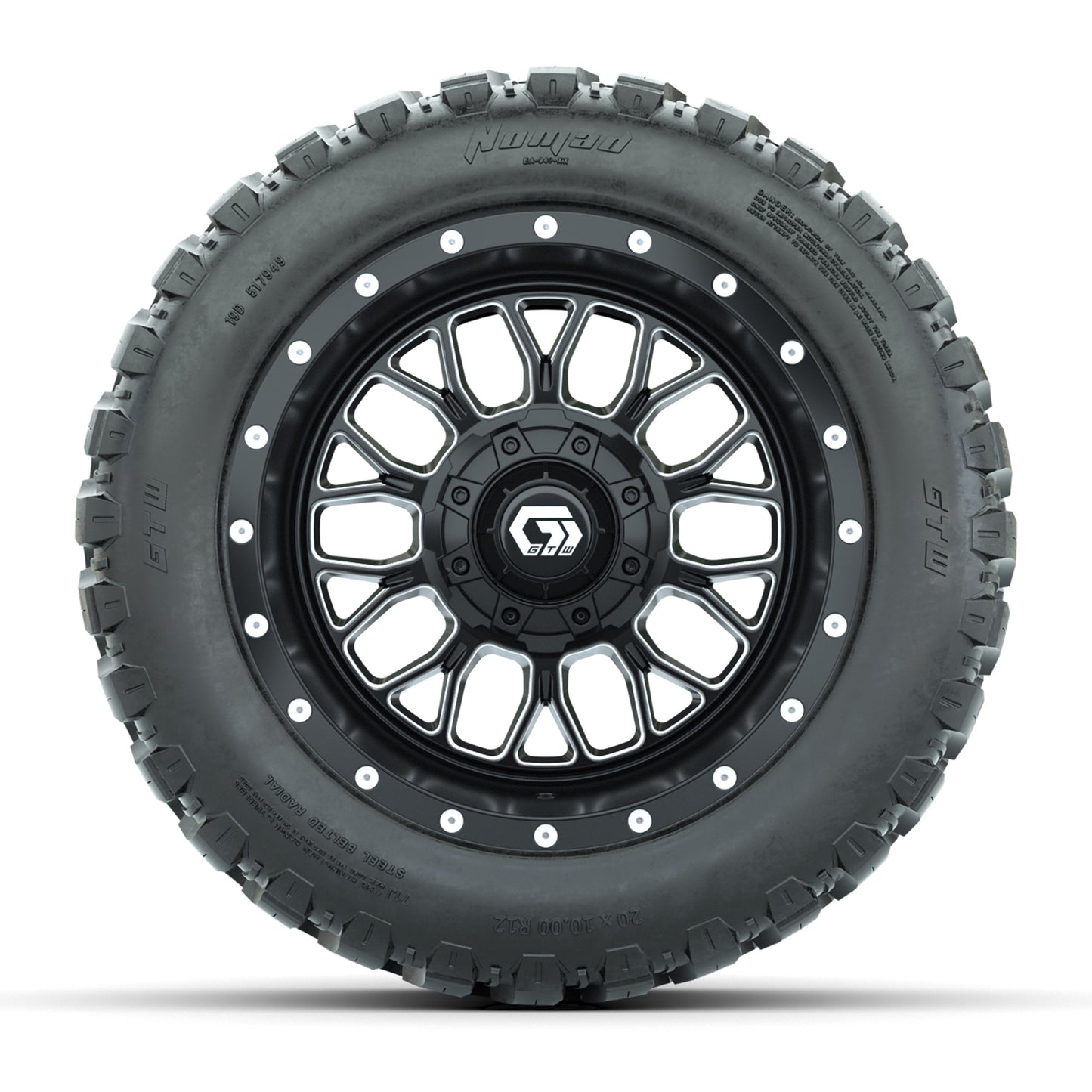 GTW® Helix Black/Machined 12 in Wheels with 20X10-12 Nomad Steel Belt Radial All-Terrain Tires – Full Set