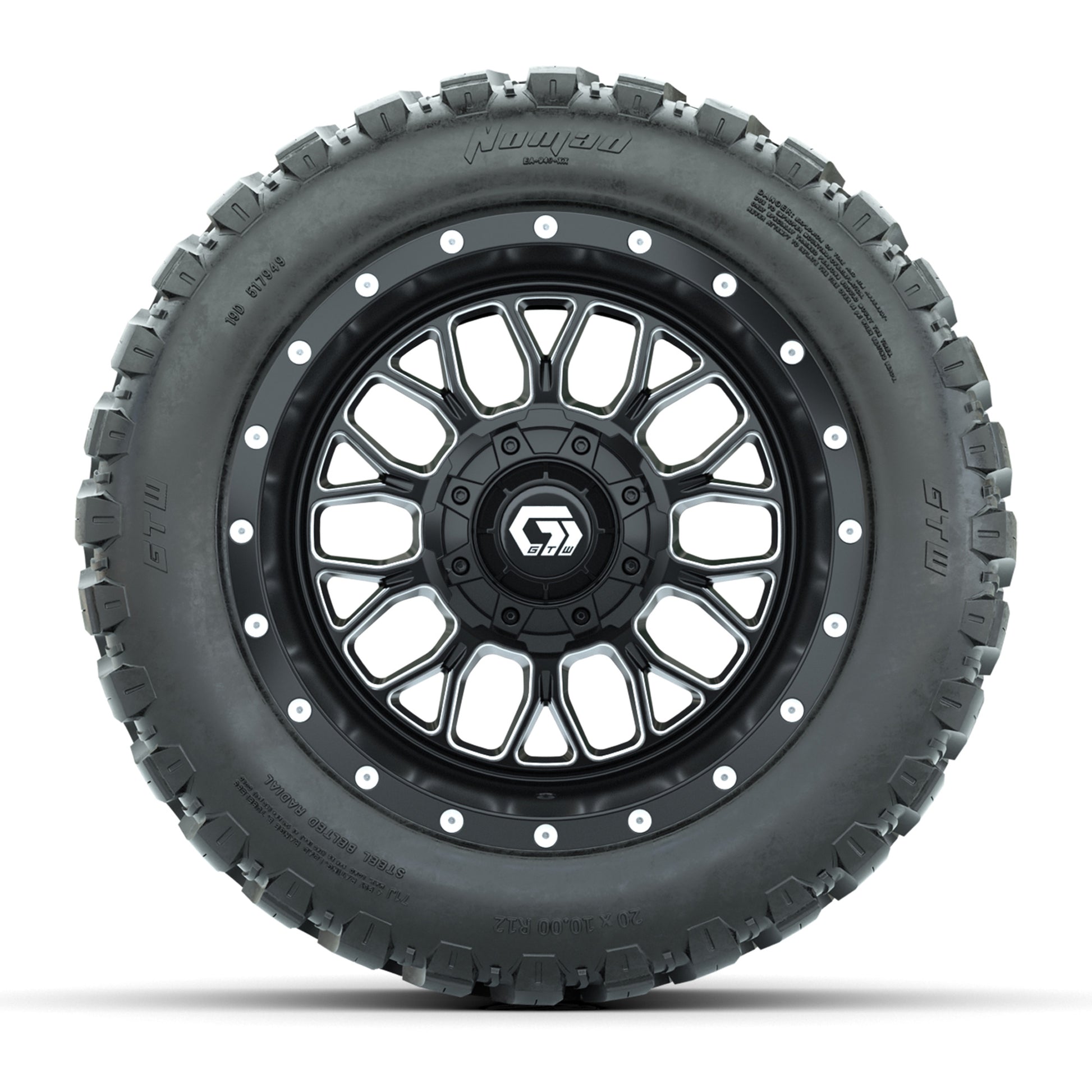 GTW® Helix Black/Machined 12 in Wheels with 20X10-12 Nomad Steel Belt Radial All-Terrain Tires – Full Set