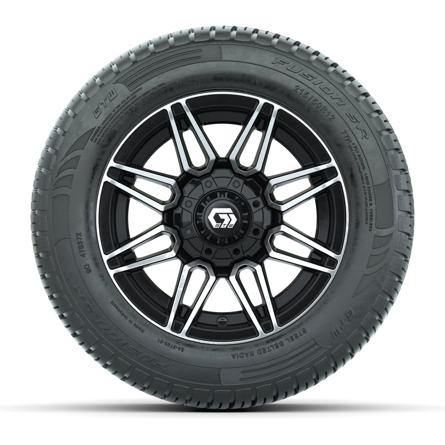GTW® Stealth Black/Machined 12 in Wheels with 215/50-R12 Fusion S/R Steel Belt Radial Tires – Full Set