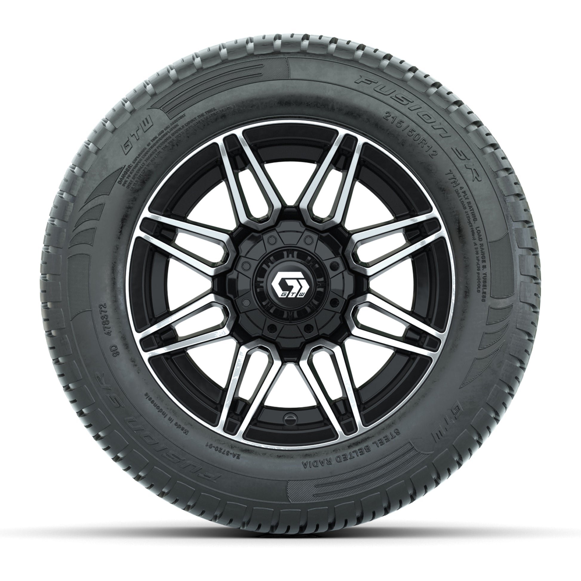GTW® Stealth Black/Machined 12 in Wheels with 215/50-R12 Fusion S/R Steel Belt Radial Tires – Full Set