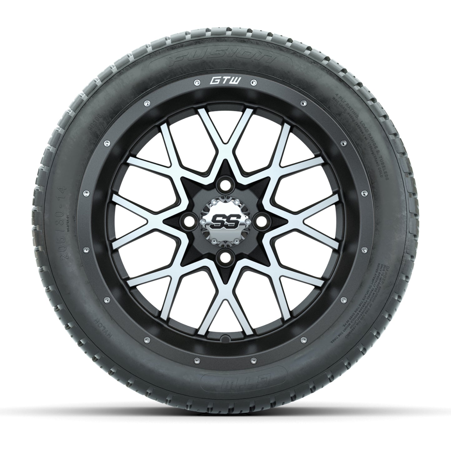 GTW® Vortex 2 Matte Gray/Machined 14 in Wheels with 205/30-R14 Fusion Street Tires – Full Set