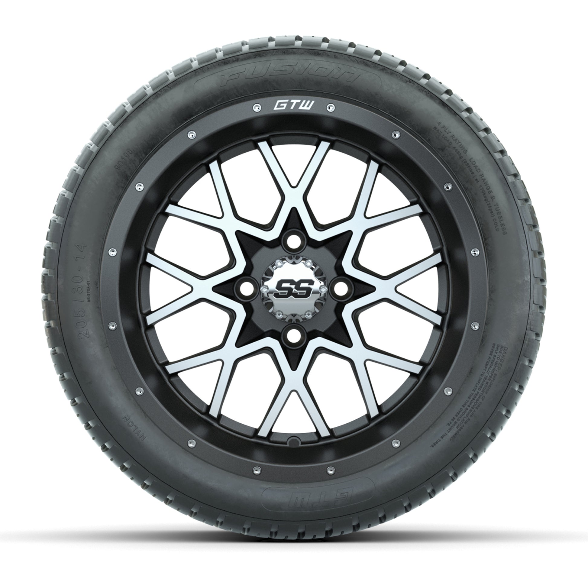 GTW® Vortex 2 Matte Gray/Machined 14 in Wheels with 205/30-R14 Fusion Street Tires – Full Set