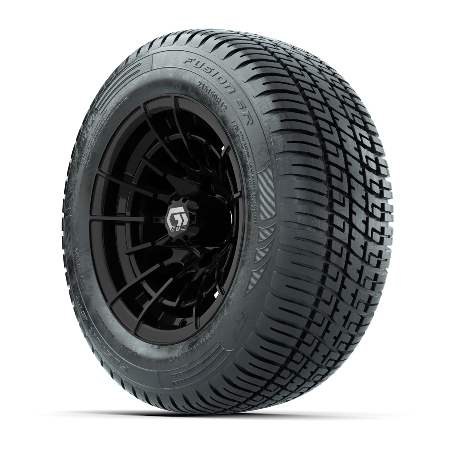 GTW® Boost Gloss Black 12 in Wheels with 215/50-R12 Fusion S/R Steel Belt Radial Tires – Full Set