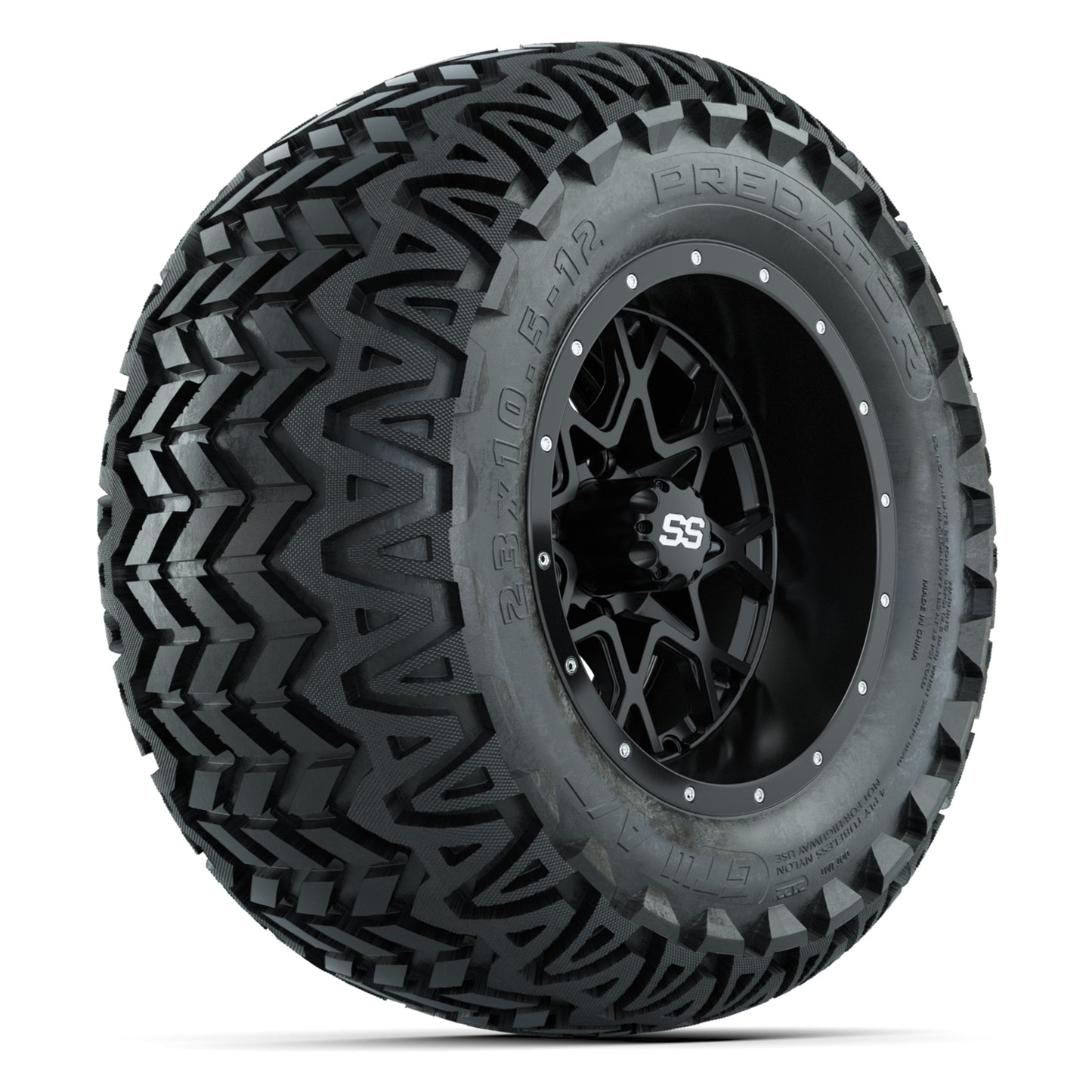 GTW® Vortex 2 Matte Black/Machined 12 in Wheels with 23X10.5-12 Predator All-Terrain Tires – Full Set