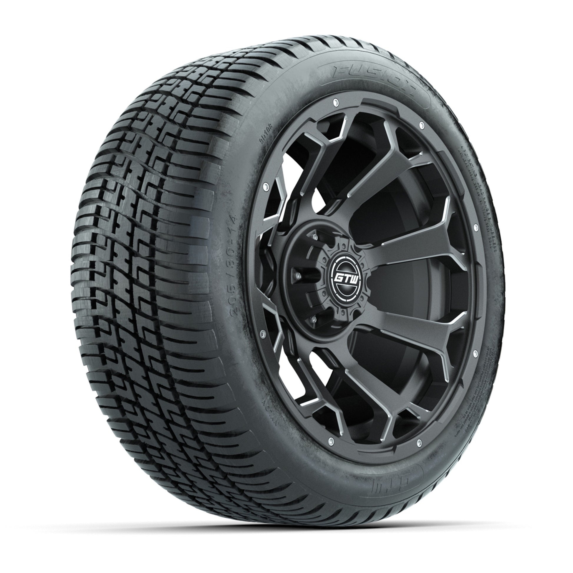 GTW® Raven Matte Gray/Ball Milled 14 in Wheels with 205/30-R14 Fusion Street Tires – Full Set