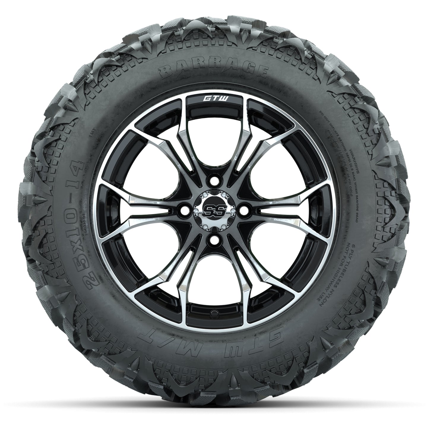GTW Spyder Black/Machined 14 in Wheels with 25x10-14 Barrage Mud Tires – Full Set