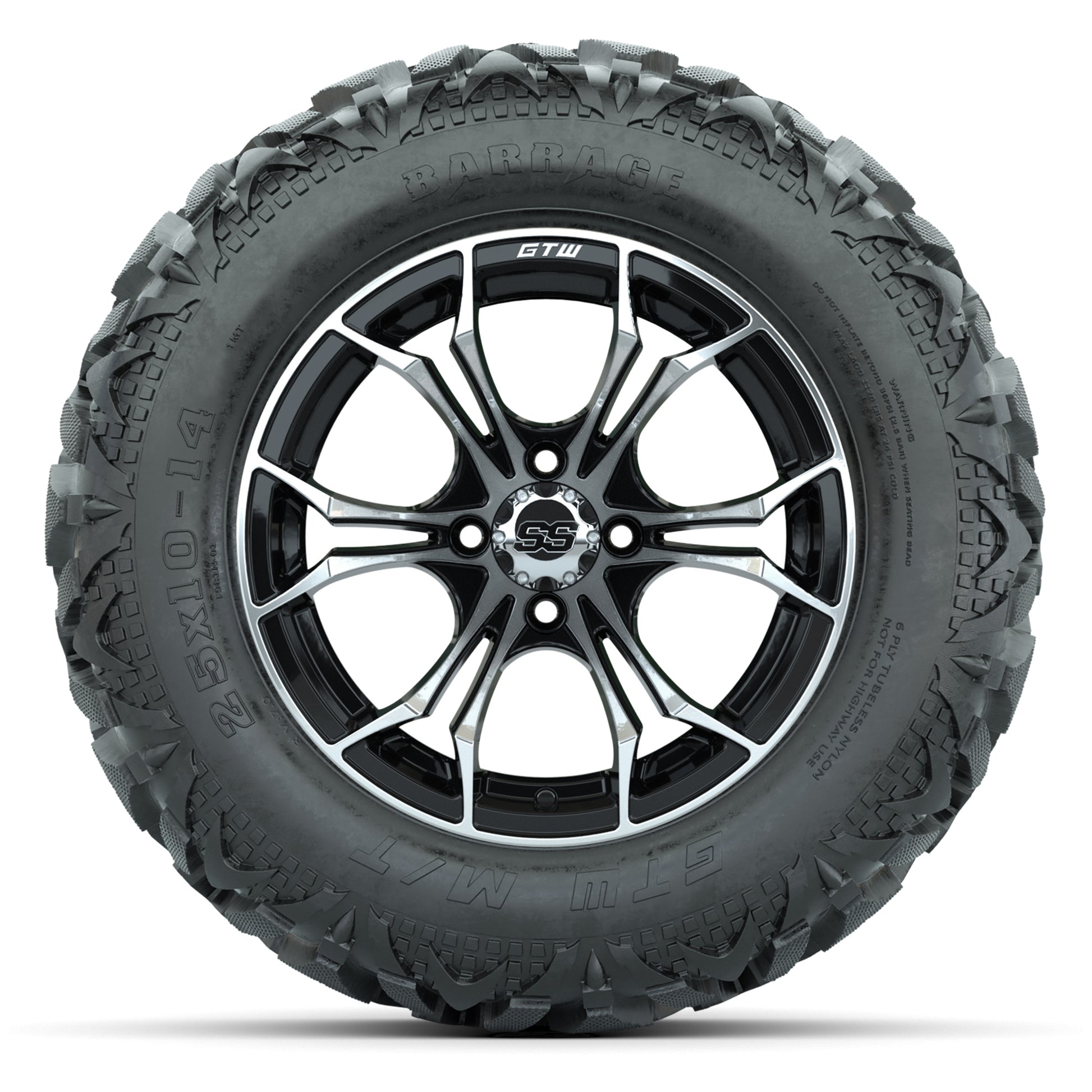 GTW Spyder Black/Machined 14 in Wheels with 25x10-14 Barrage Mud Tires – Full Set