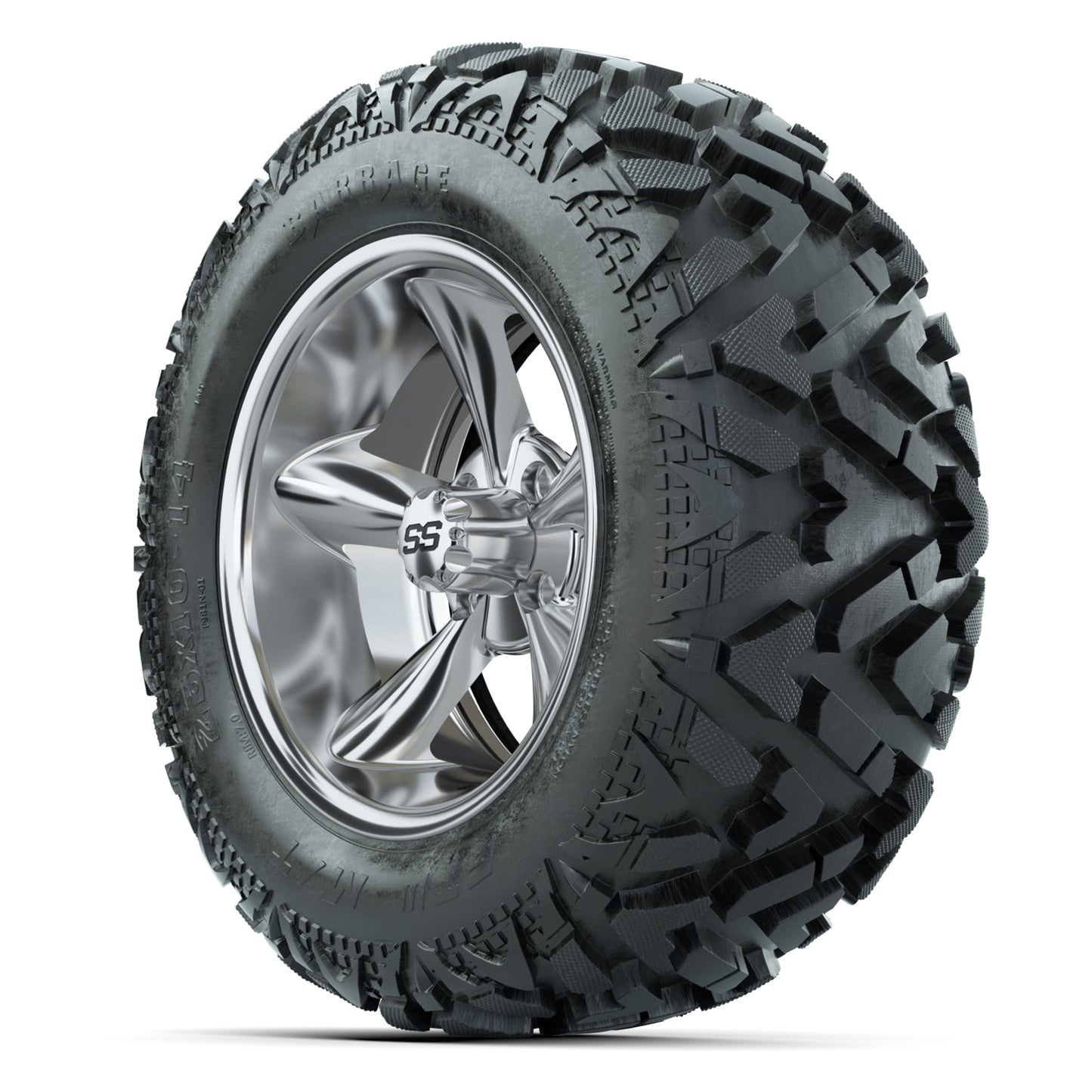 GTW Godfather Chrome 14 in Wheels with 25x10-14 Barrage Mud Tires – Full Set