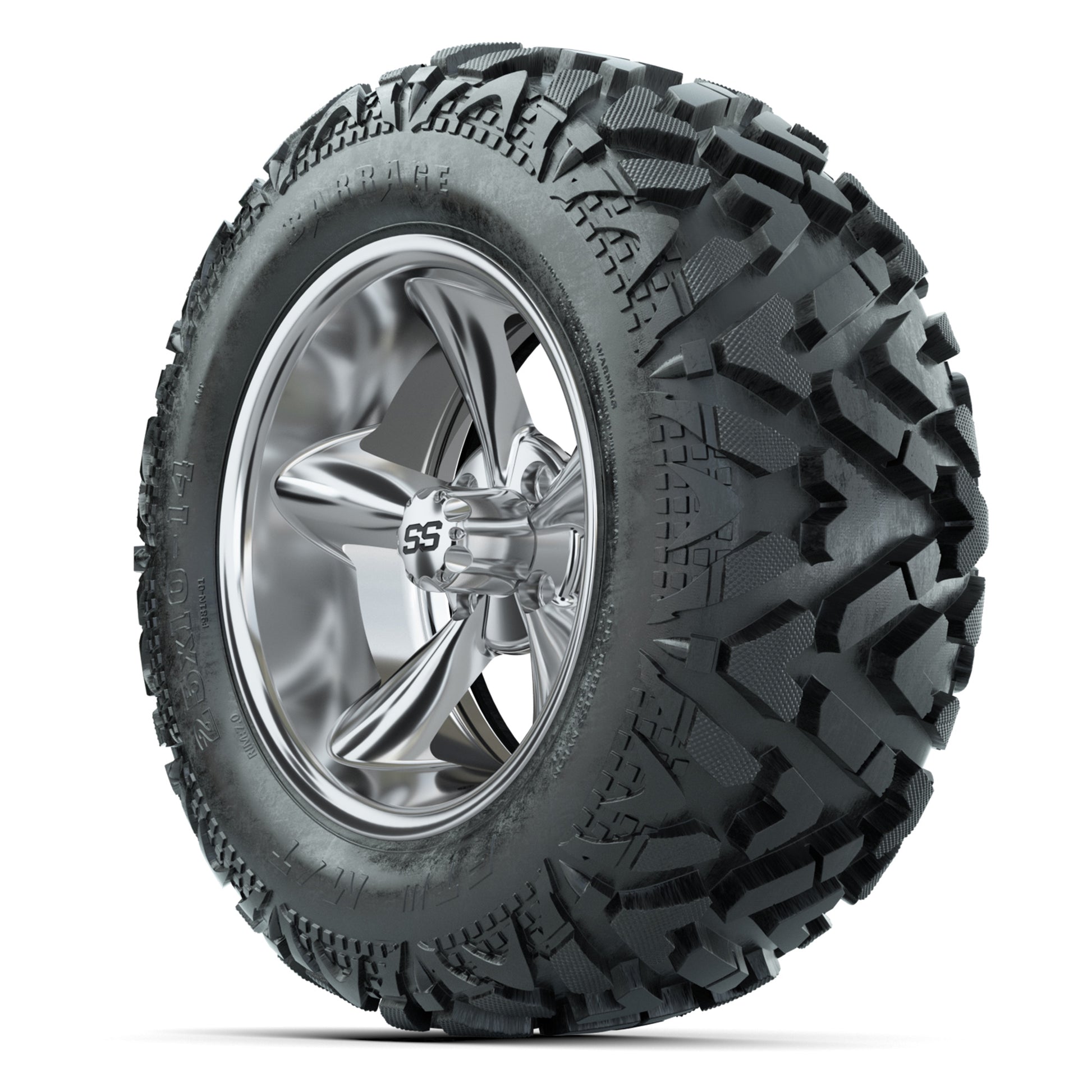 GTW Godfather Chrome 14 in Wheels with 25x10-14 Barrage Mud Tires – Full Set