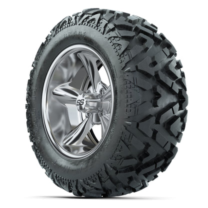 GTW Godfather Chrome 14 in Wheels with 25x10-14 Barrage Mud Tires – Full Set