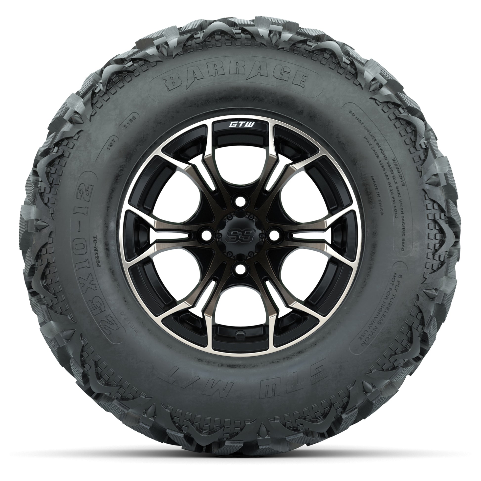 GTW® Spyder Matte Black/Bronze 12 in Wheels with 25X10-12 Barrage Mud Tires – Full Set