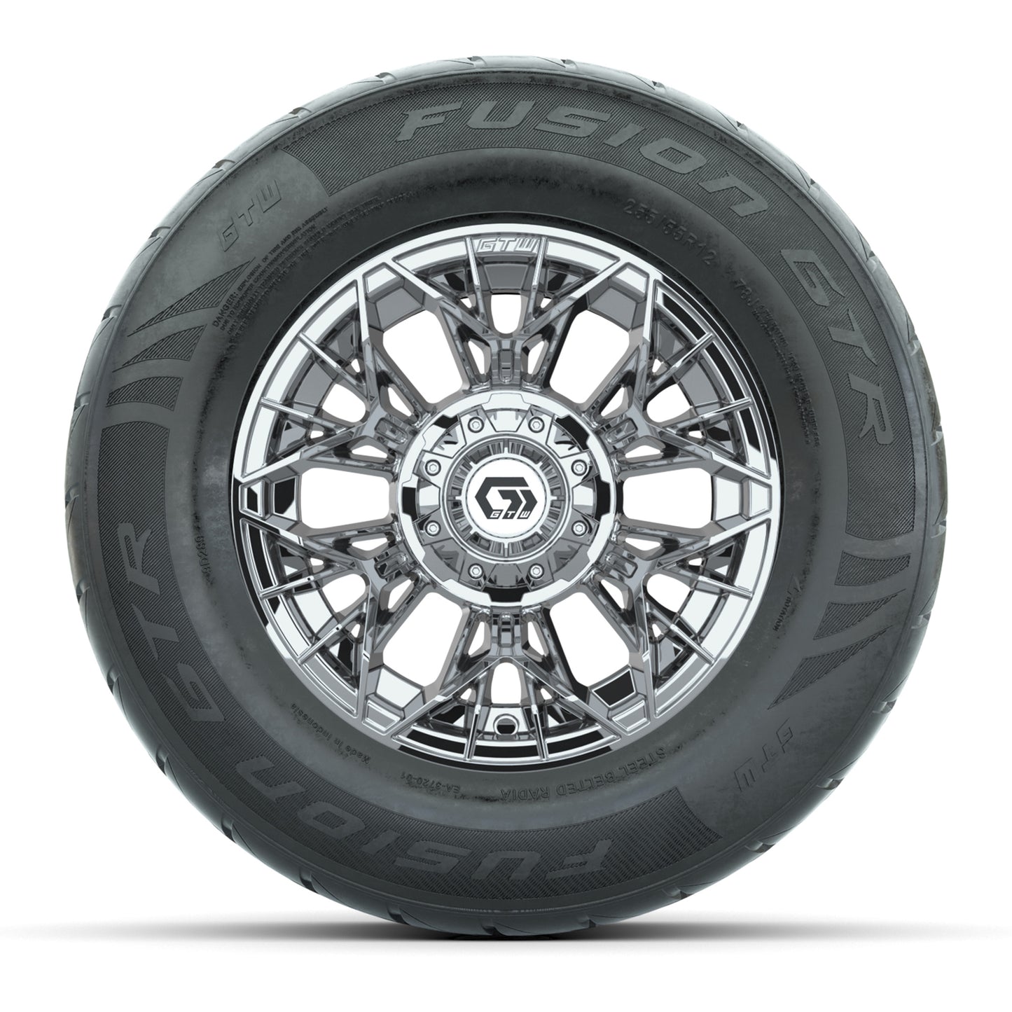 GTW® Stellar Chrome 12 in Wheels with 255/55-R12 Fusion GTR Steel Belt Radial Street Tires - Full Set