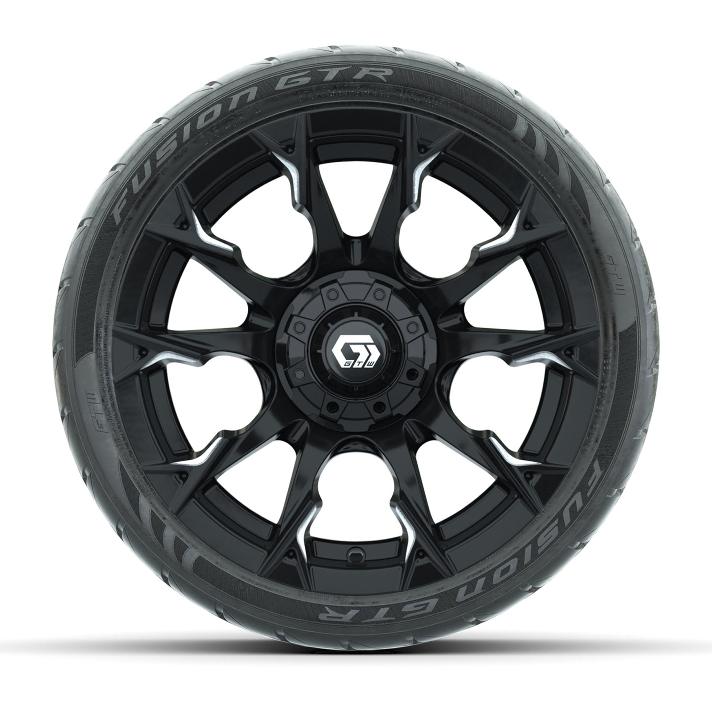 GTW® Diablo Gloss Black/Machined 14 in Wheels with 205/40-R14 Fusion GTR Steel Belted Street Tires – Full Set