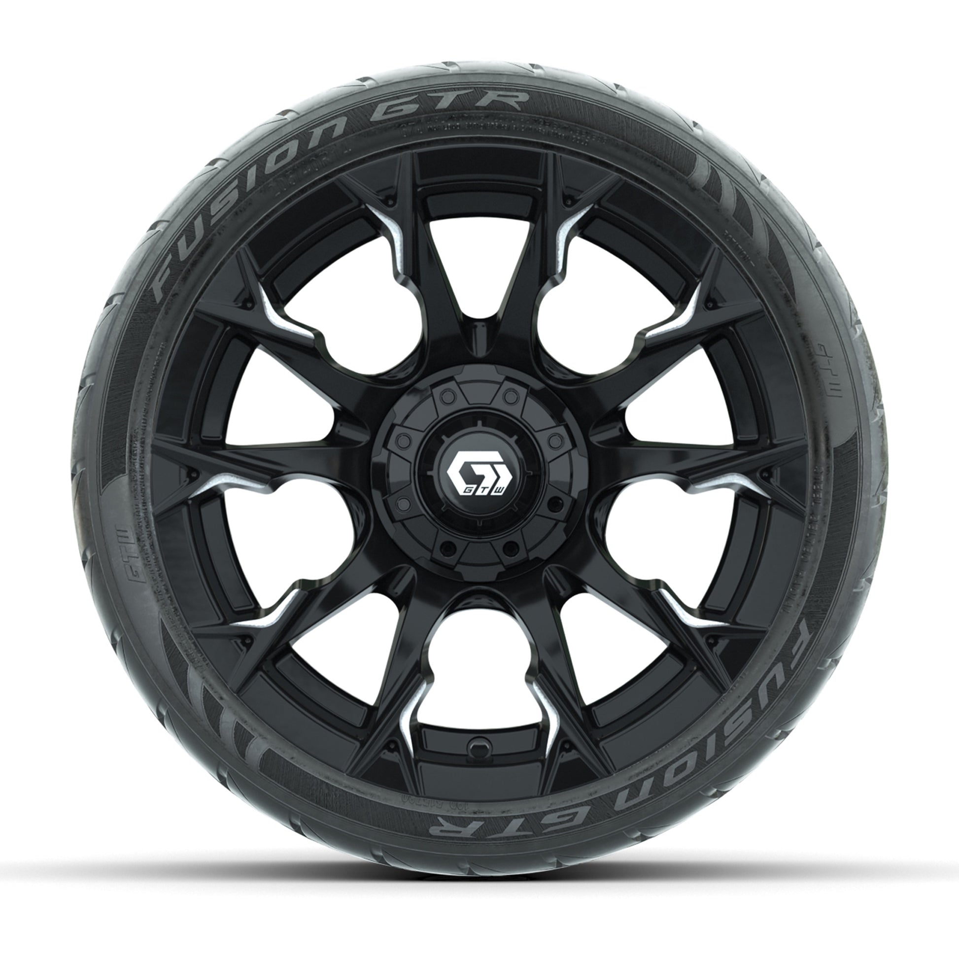GTW® Diablo Gloss Black/Machined 14 in Wheels with 205/40-R14 Fusion GTR Steel Belted Street Tires – Full Set