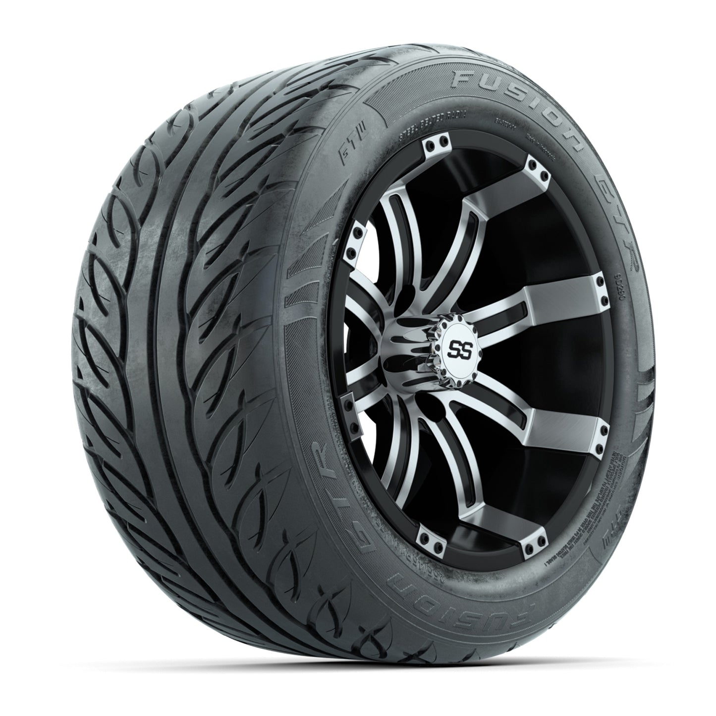 GTW® Tempest Black/Machined 14 in Wheels with 255/45-R14 Fusion GTR Steel Belt Radial Street Tires – Full Set
