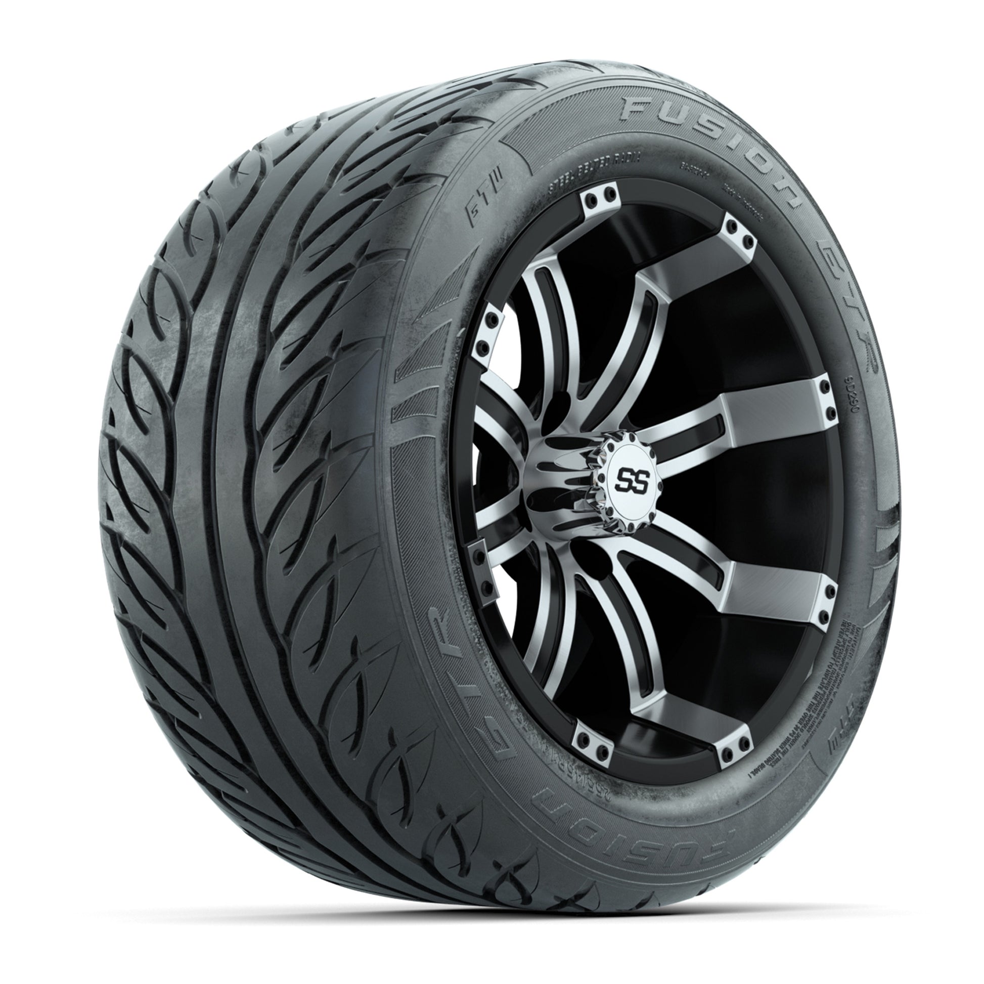 GTW® Tempest Black/Machined 14 in Wheels with 255/45-R14 Fusion GTR Steel Belt Radial Street Tires – Full Set