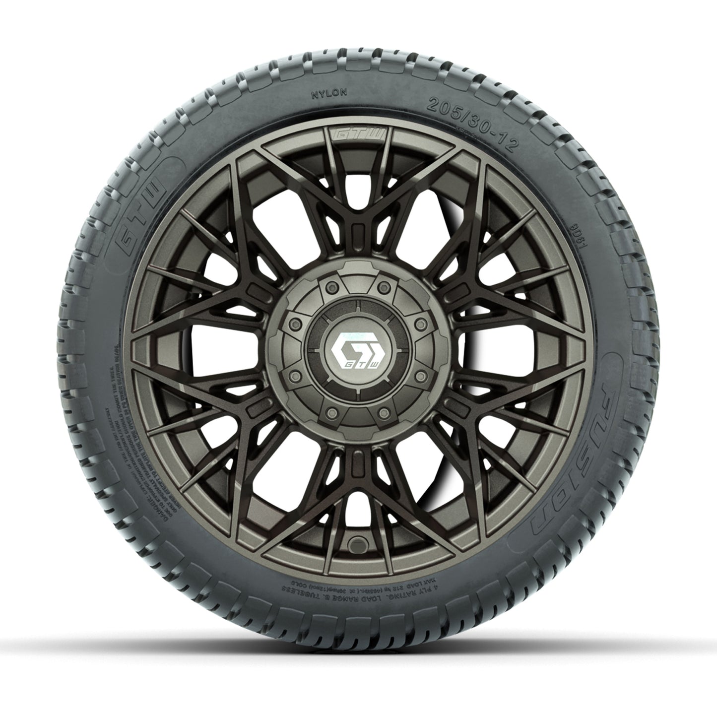 GTW® Stellar Matte Bronze 12 in Wheels with 205/30-12 Fusion Street Tires – Full Set