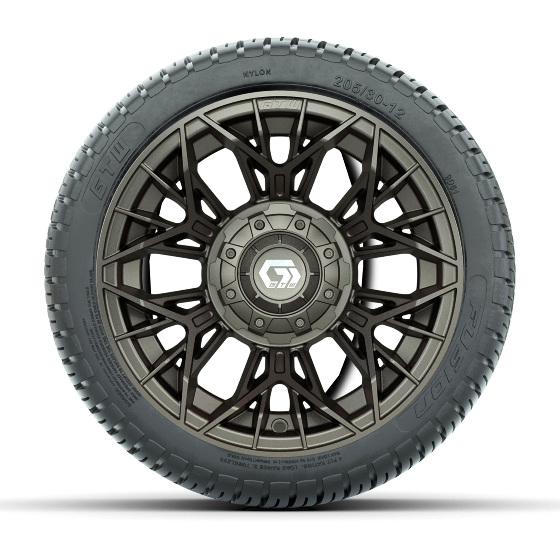 GTW® Stellar Matte Bronze 12 in Wheels with 205/30-12 Fusion Street Tires – Full Set