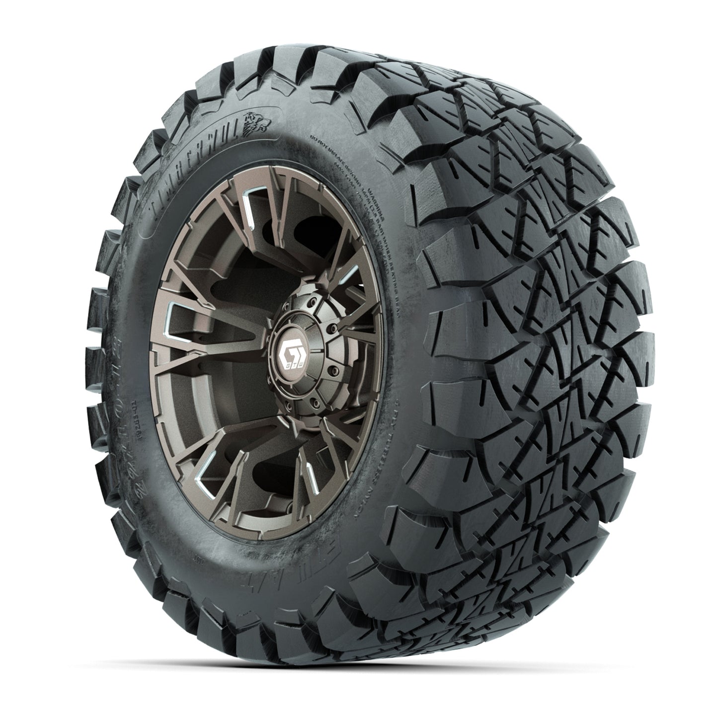 GTW® Vandal Satin Bronze/Machined 12 in Wheels with 22x10-12 Timberwolf All-Terrain Tires – Full Set