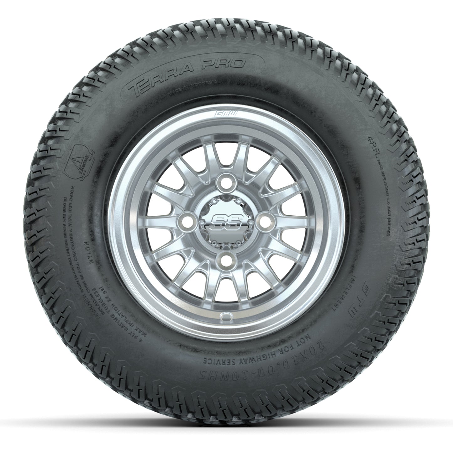 GTW Medusa Silver/Machined 10 in Wheels with 20x10-10 S-Pattern Terra Pro Street Tires – Full Set