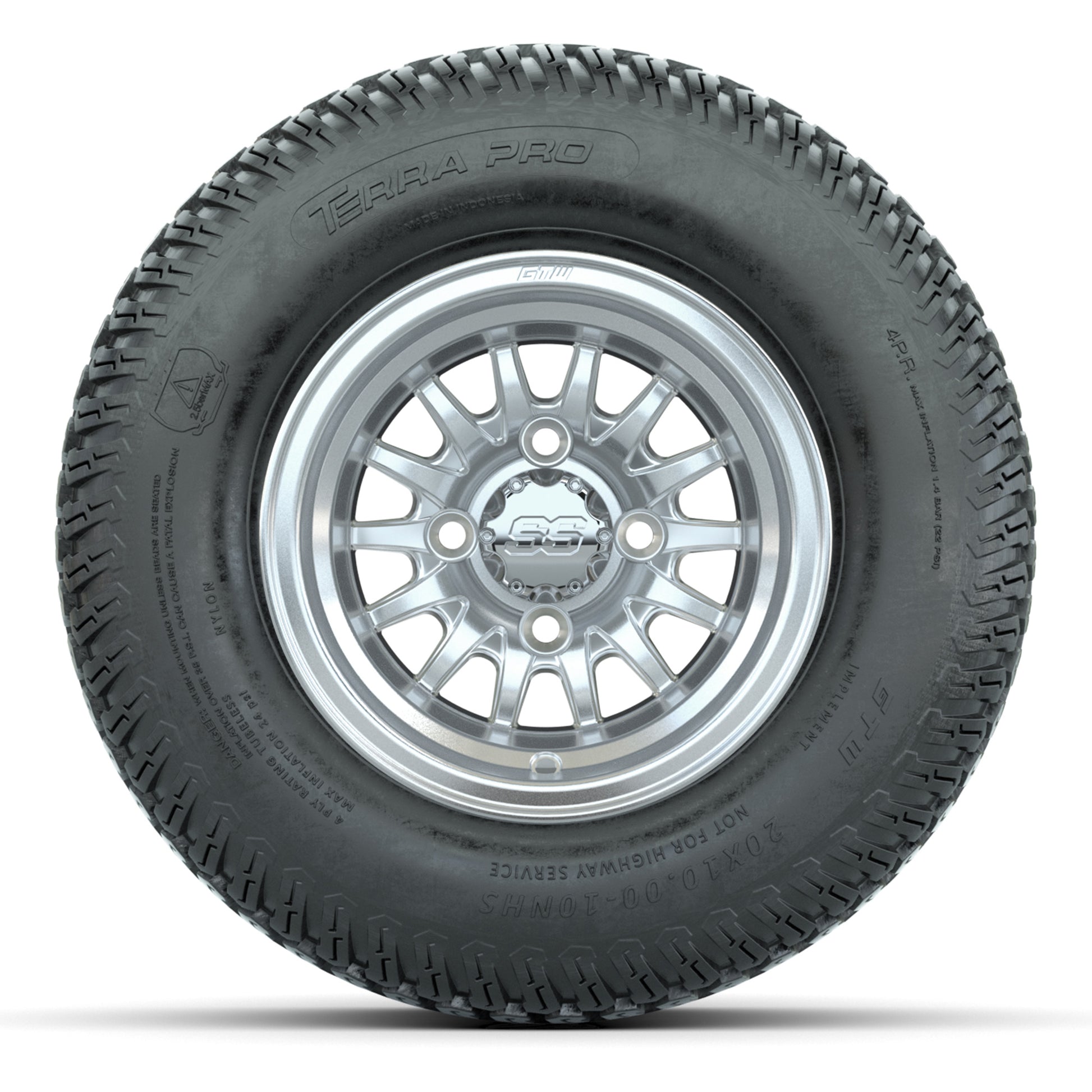 GTW Medusa Silver/Machined 10 in Wheels with 20x10-10 S-Pattern Terra Pro Street Tires – Full Set