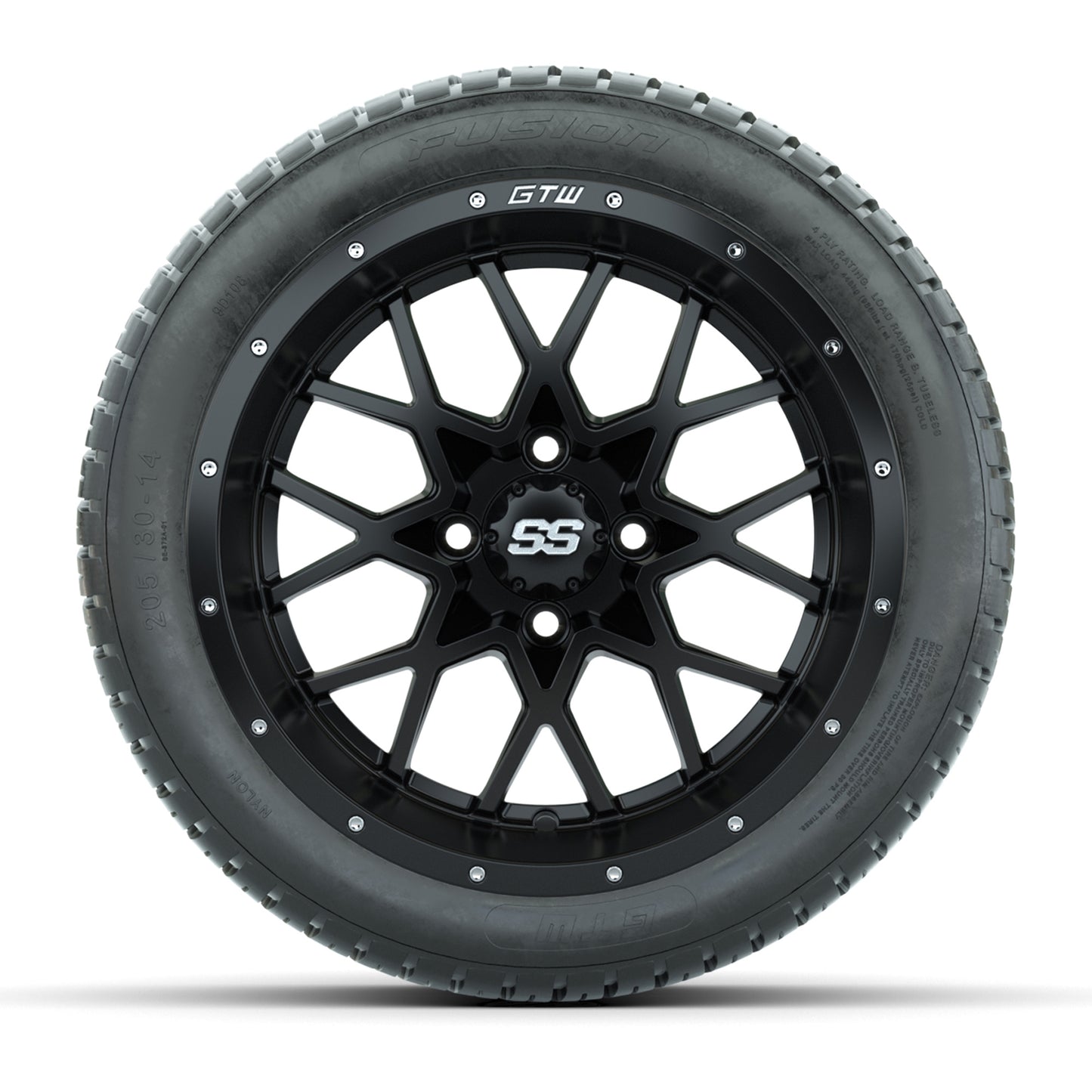 Set of (4) 14 in GTW Vortex Wheels with 205/30-14 Fusion Street Tires