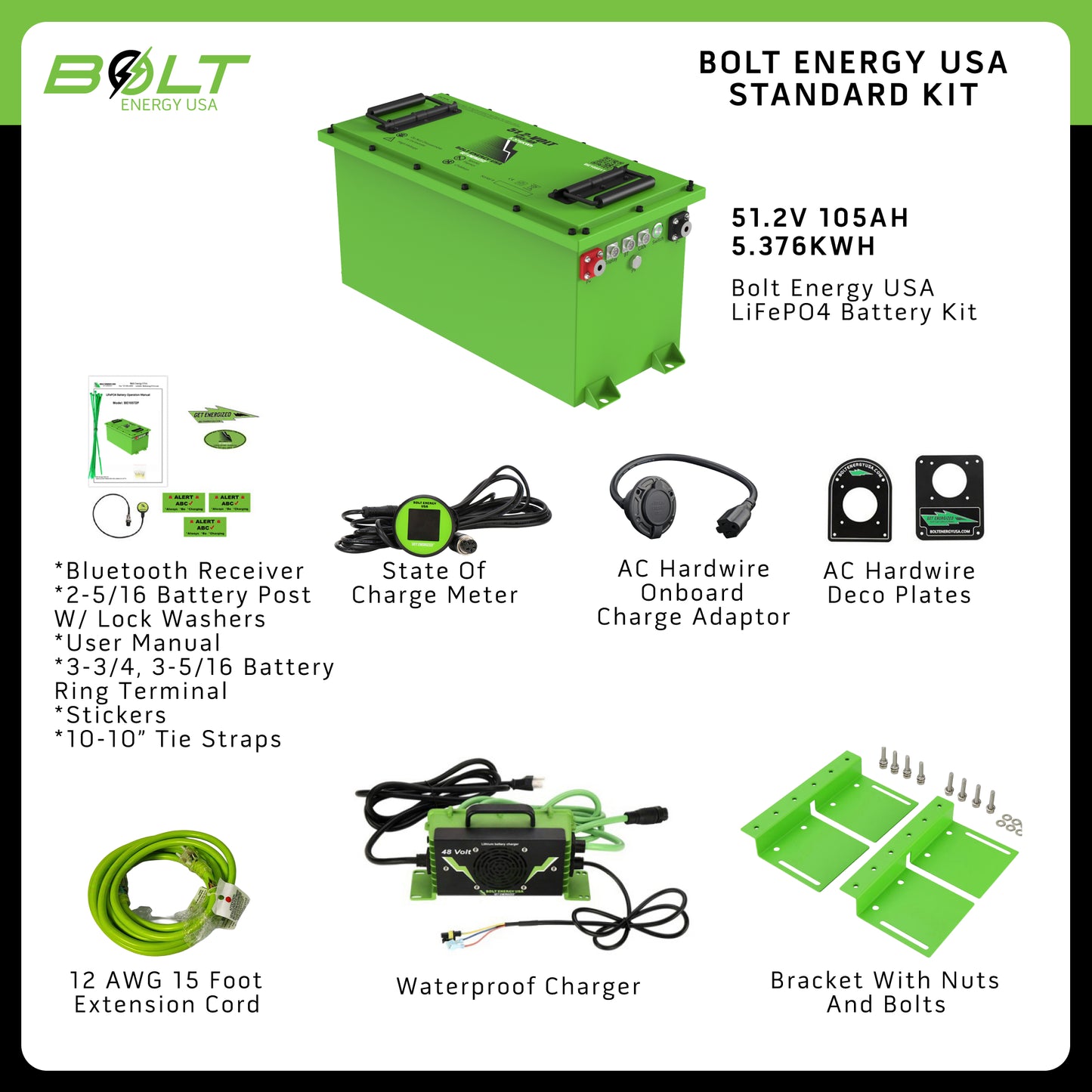 Bolt Energy EZGO Workhorse, MPT, Terrain, 51V 105AH Thin Standard Battery Kit