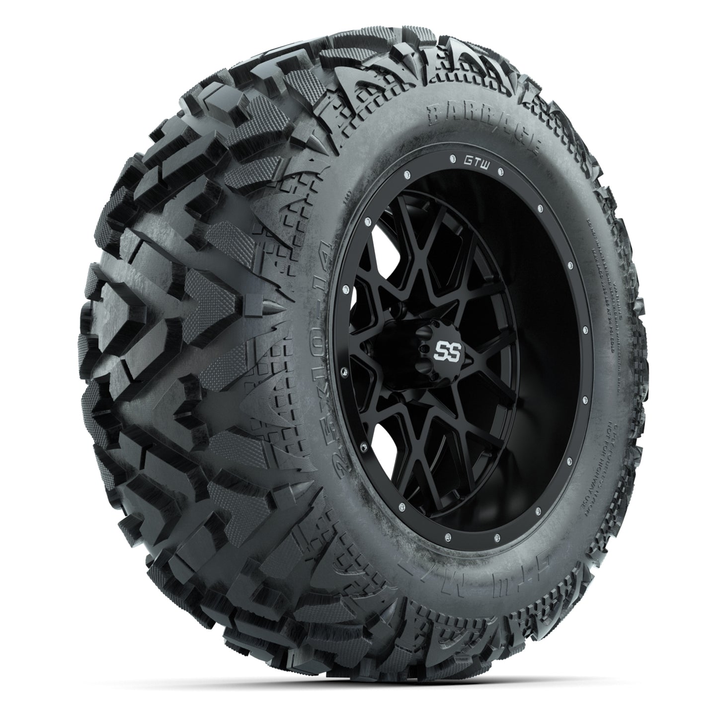 GTW Vortex Matte Black 14 in Wheels with 25x10-14 Barrage Mud Tires – Full Set