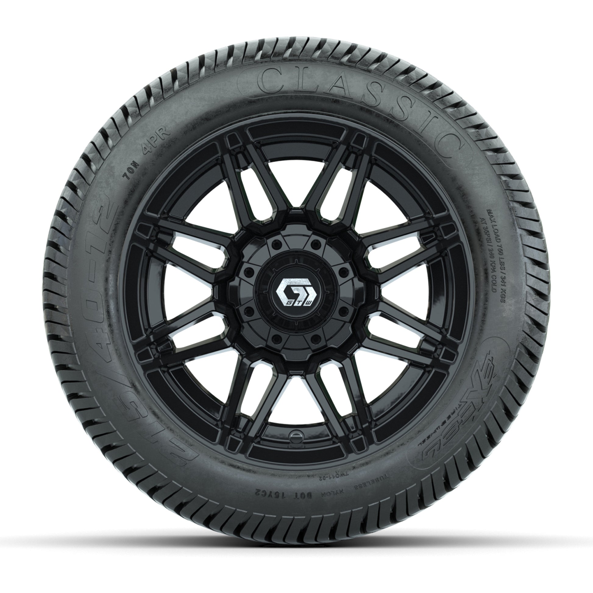 GTW® Stealth Gloss Black 12 in Wheels with 215/40-12 Excel Classic Street Tires – Full Set