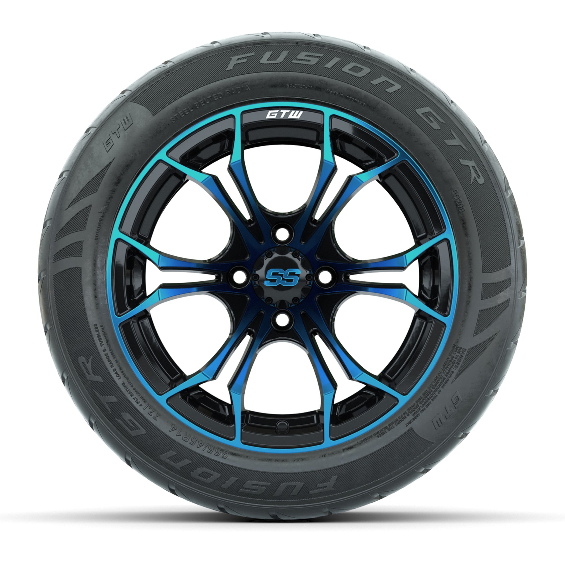 GTW® Spyder Black/Blue 14 in Wheels with 255/45-R14 Fusion GTR Steel Belt Radial Street Tires – Full Set