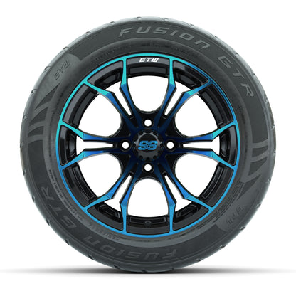 GTW® Spyder Black/Blue 14 in Wheels with 255/45-R14 Fusion GTR Steel Belt Radial Street Tires – Full Set