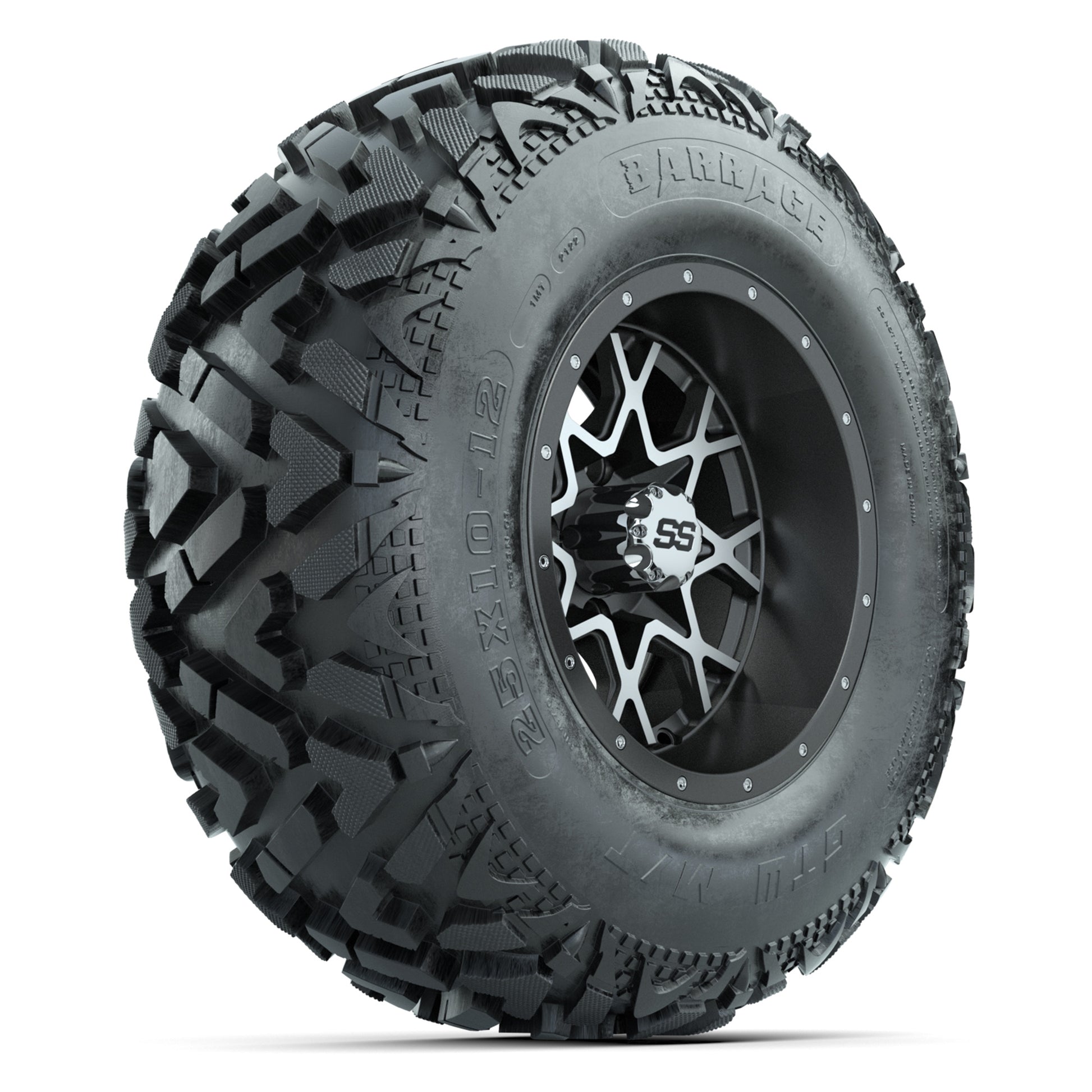 GTW® Vortex 2 Matte Gray/Machined 12 in Wheels with 25X10-12 Barrage Mud Tires – Full Set
